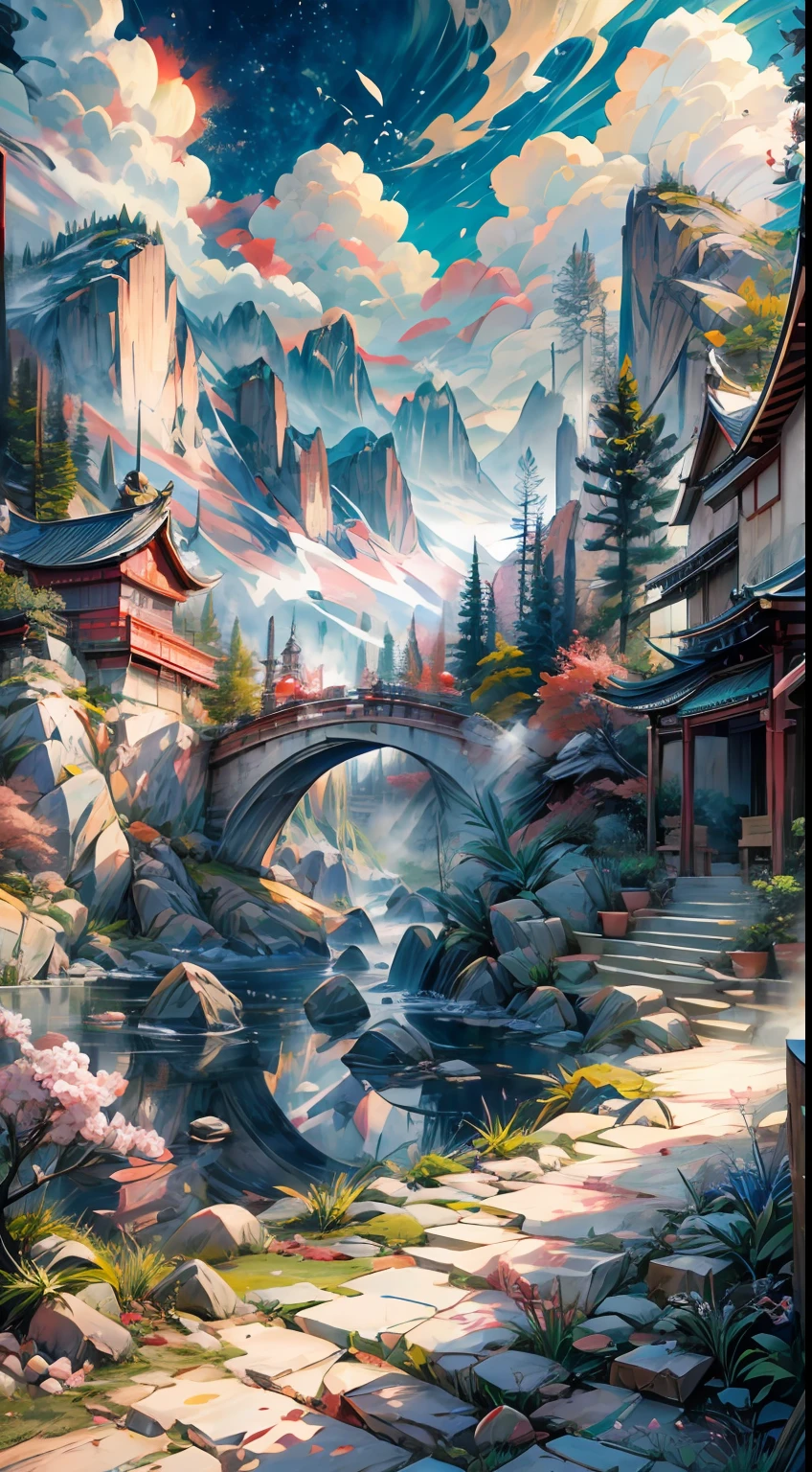 Chinese landscape painting, High perspective effect, Inspired by self-created characters，Engraved rendering, traditional aesthetics, Exquisite rendering, High-quality lenses, Detail is depicted, Realistic and natural。