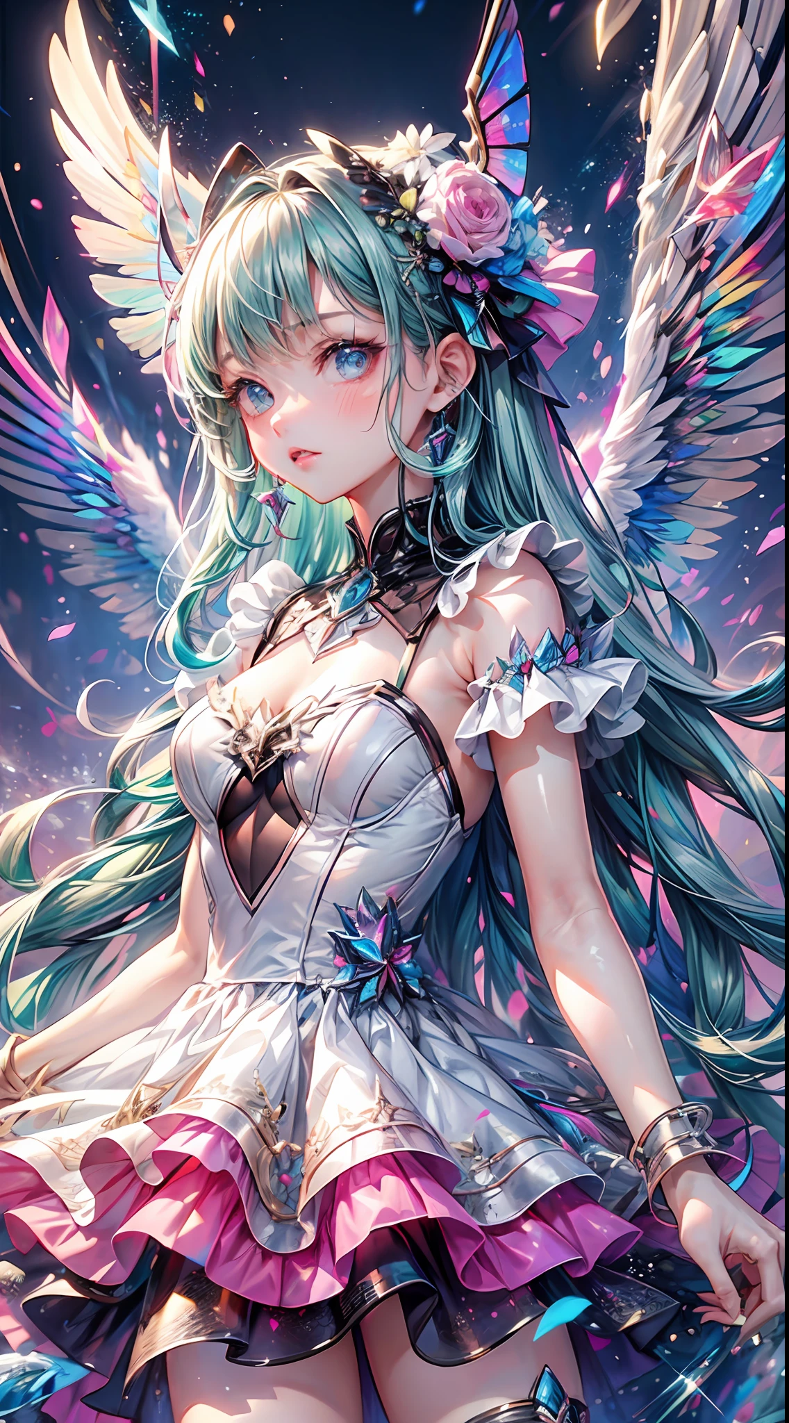 Masterpiece, {beauty},solo,1 girl, pink dress, fantastic hair, neon background white wings, cloud background, lake blue hair