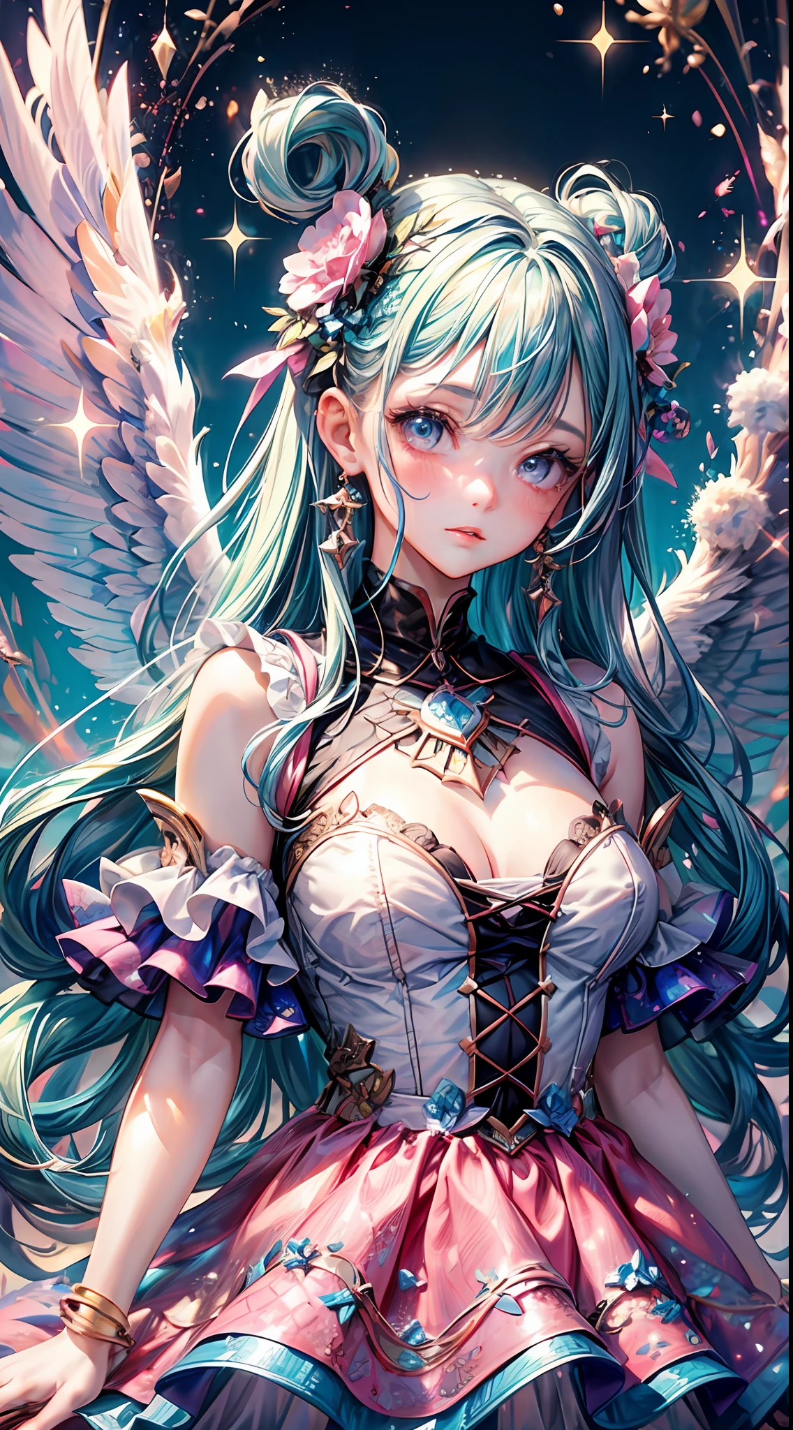 Masterpiece, {beauty},solo,1 girl, pink dress, fantastic hair, neon background white wings, cloud background, lake blue hair