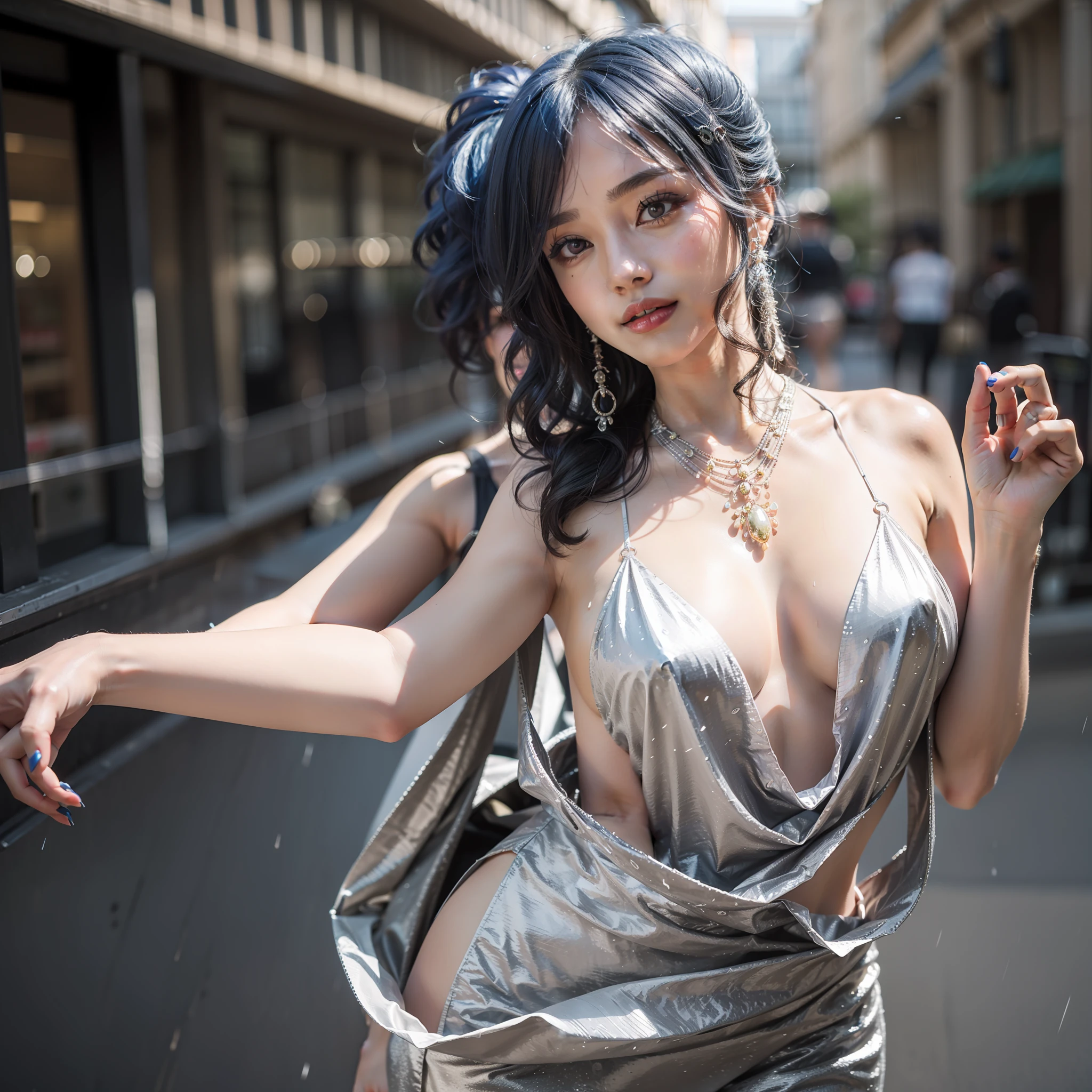 ((Best Quority, 8k, a masterpiece of:1.3)), Focus:1.2, perfect figure beautiful woman:1.4, Cocked buttocks:1.2, ((Hairstyle Random, 鎖骨:1.2)), (short skirt:1.1) , (Rain, Street:1.3), Highly detailed facial and skin texture, detailed eye, 双眼皮,Whiten skin,length hair,ssmile,the Long legs:1.5,fullllbody:1.5,Optimal proportions of four fingers and one thumb,smiley face,Face texture:1.3,sun beam,夏天,鎖骨,Beautiful eyes,Real face,authentic skin,photorealiscic face,Realistic skin,Detailed eyes,detailedfacialfeatures, detailed clothes features,detailed face with,Silver-white dress random,hugetits