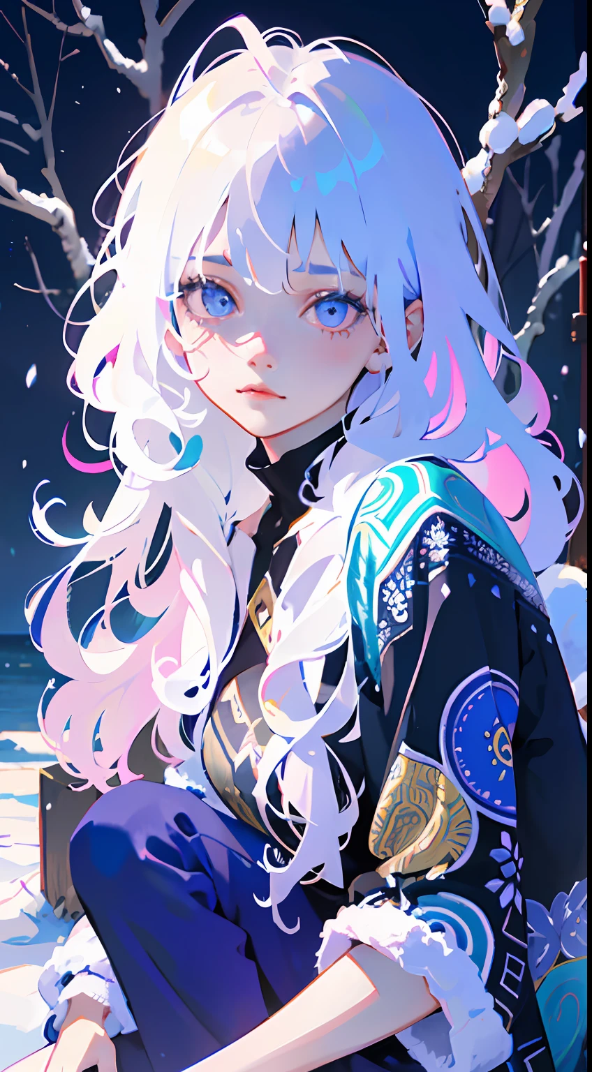 absurds,High res,ultra Detailed,official arts,统一 8k 壁纸,ultra Detailed,Beauty and aesthetics,master masterpiece,best best quality,(zentangle,Ice and snow,Tangles,Entanglement),(s fractal art:1.3),PhotoRealistic,(master masterpiece,top quality,best best quality,official arts,Beauty and aesthetics:1.2),Very Detail,s fractal art,variegated,most details,zentangle,(Abstract Background:1.5)(1boy:1.3),Kamimei,(Glowing blue eyes),Enigmatic,(MAGIC),((Sit on a tree)),Ice and snow