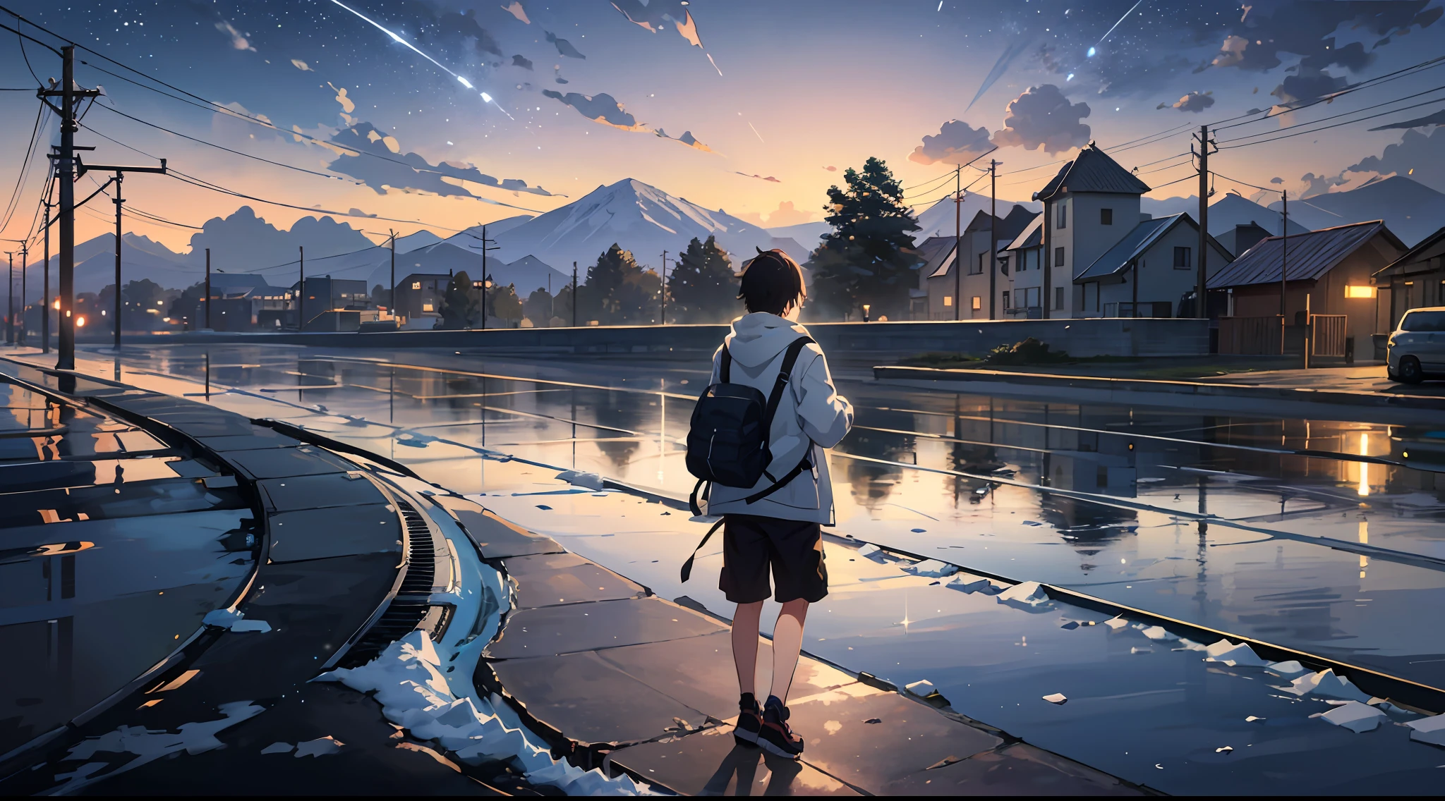 High quality masterpiece ,scenecy,Cool boy walking through a body of water on track, Glittering starry sky。Romantic train,Pisif,concept-art,Lofi art style,glint。 By Makoto Shinkai, lofi art, beautiful anime scenes, Anime landscapes, Detailed scenery —width 672, in style of makoto shinkai, Makoto Shinkai's style,Detail enhancement。((Libido boy,Close-up strengthened)),((Cold,icy look in the eye)),((Short Hair Hair)),(sitted)