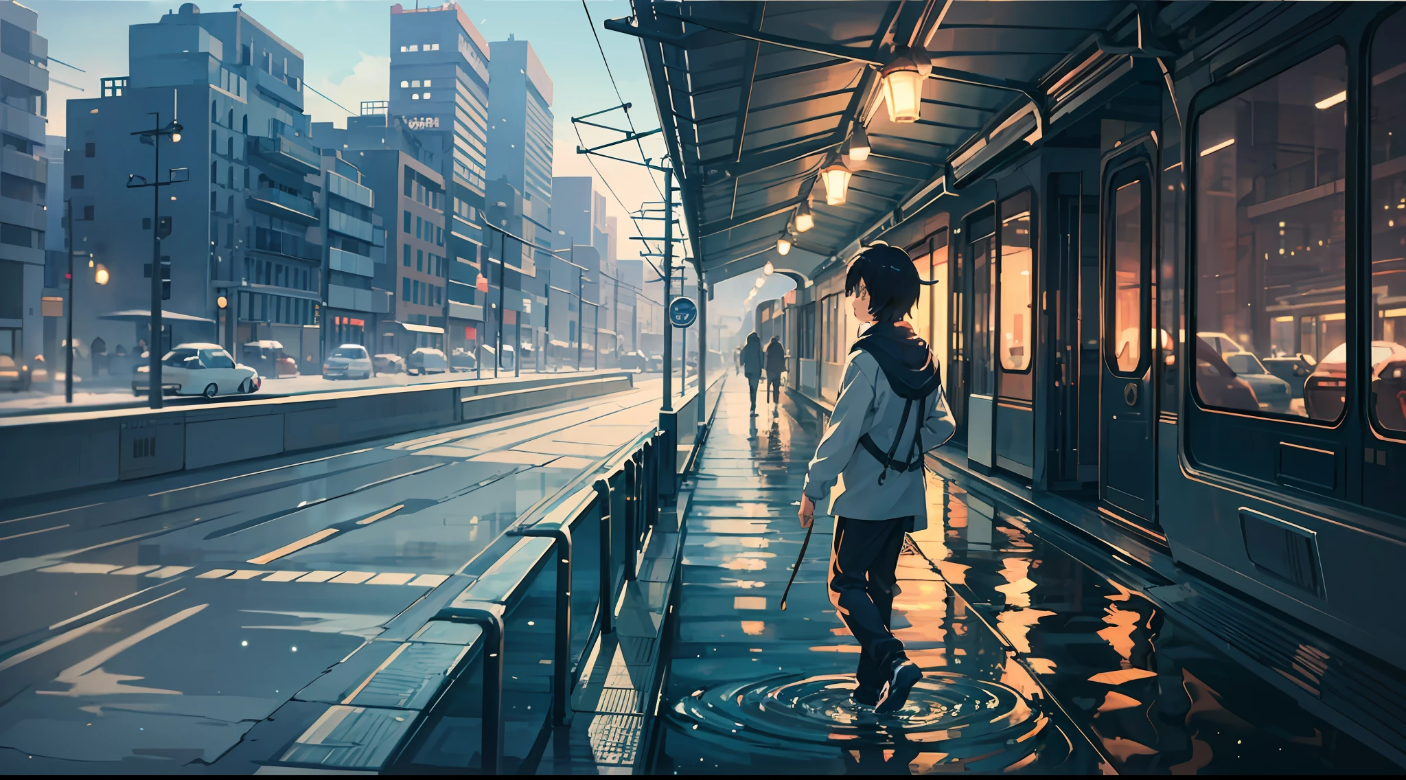 High quality masterpiece ，scenecy，Cool boy walking through a body of water on track， Glittering starry sky。Romantic train，Pisif，concept-art，Lofi art style，glint。 By Makoto Shinkai, lofi art, beautiful anime scenes, Anime landscapes, Detailed scenery —width 672, in style of makoto shinkai, Makoto Shinkai's style，Detail enhancement。（（Libido boy，Close-up strengthened）），（（Cold，icy look in the eye）），（（Short Hair Hair）），（sitted）