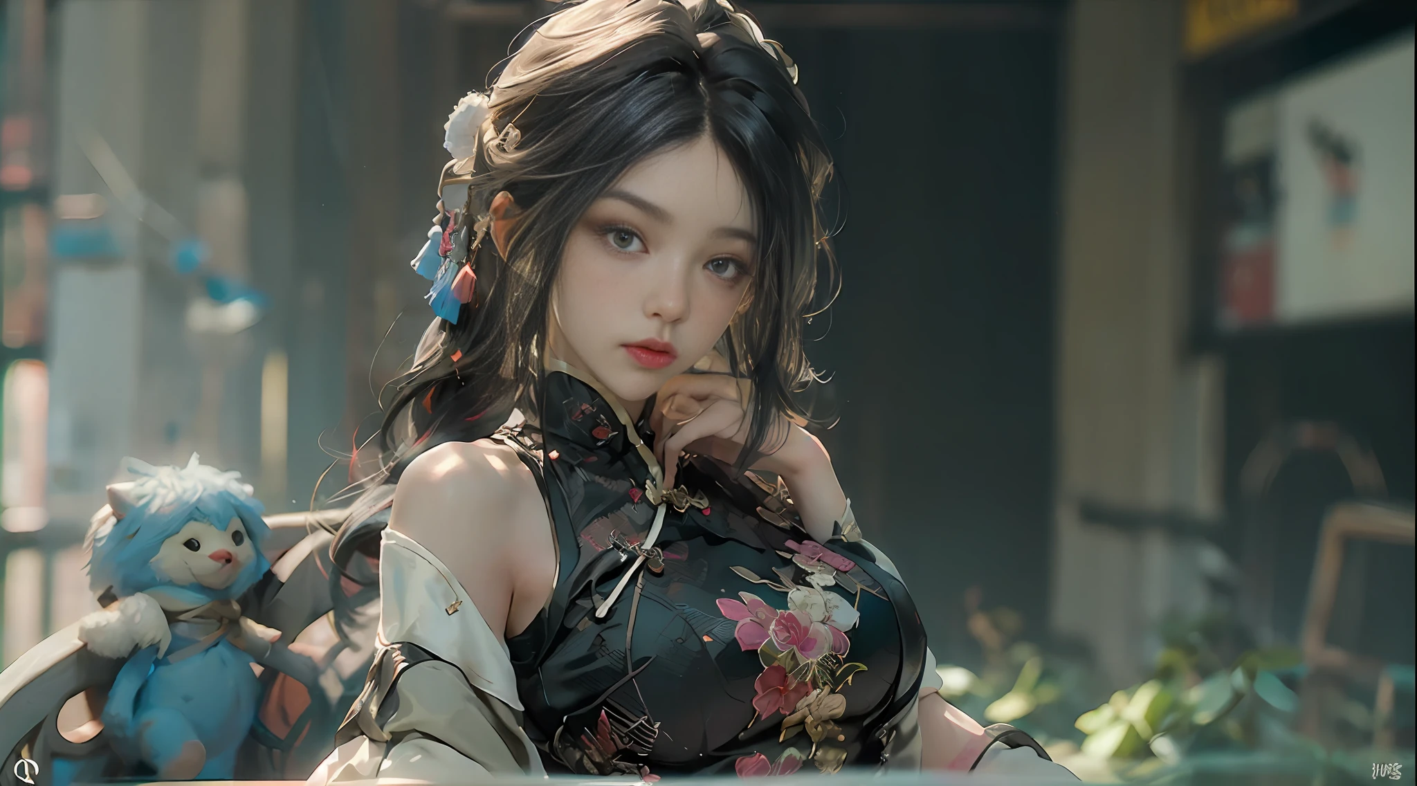 ((Best Quority)), ((a masterpiece of)), (the detail:1.4), 3D, A beautiful cyberpunk female image,hdr(HighDynamicRange),ancient Chinese costume,Satin costumes,raytrace,NVIDIA RTX,Hyper-Resolution,Unreal 5,Subsurface scattering、PBR Texture、post-processed、Anisotropy Filtering、depth of fields、maximum definition and sharpness、multi-layer texture、Albedo e mapas Speculares、Surface coloring、Accurate simulation of light-material interactions、perfectly proportioned、rendering by octane、Two-colored light、Large aperture、Low ISO、White balance、thirds rule、8K raw data、Bare chest、large tities、