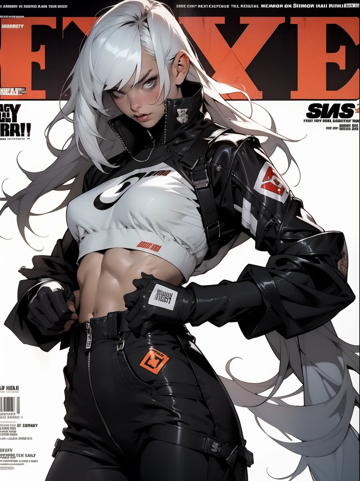 nijistyle, A muscular 35-year-old warrior woman almost naked in the Simon Bisley style for the cover of Heavy Metal magazine, hair half black half white, Minimum clothing, Short clothes,