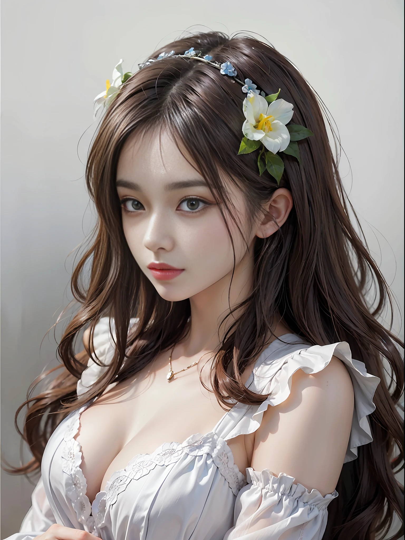 dress, (PHOTOREALISTIC REALISTIC: 1.4), (super reality: 1.4), (realisticlying: 1.3), (Smooth lighting: 1.05), (Improved cinematic lighting quality: 0.9), 32K, 1 gal girl, japanese woman, realistic illumination, The light from the back window is backlighted, Face light source, Ray tracing, (brightlight: 1.2), (Quality Improvement: 1.4), ( Realistic textured skin of the highest quality: 1.4), Fine detail eyes, Detailed face, Quality eyes, Brown eyes, (Moist light pink lips,Moisturize and reflect light), (Tiredness and sleepiness,satisfied:0.0),White silk shirt,Blue floral pattern,Ruffles and lace,String wire tie,dark brown hair,Short bangs on the forehead,Small ribbons on hair,small flower headband,An adult woman with a faint smile(isolated on a whitebackground),(Front focus),(in the darkness nigth:1.6),Surrealist portraits of women by David Hockney and Alphonse Mucha,Fantasyart,photographrealistic,dynamic lighting,art stations,a poster for a,Volumetriclighting,Very detailed faces,4 k'',Award-Awarded, , 1girl huge large breasts, In the dark, deepshadow, lowfers, Cowboy shot,Portrait photos,RAW photos,nights,sun setting,rains,Hyper-realistic,Low neckline,Cleavage,(1 Girl,Innocent face,Wear an elegant and chic patterned dress,Wear a light cardigan,),blone hair,red streaked hair,Colorful hair,Pillows,shiny skins,abundantly detailed,the best quality,abundantly detailed,abundantly detailed,Shoot from a mobile camera,f / 22,depth of fields,filmgrain,Detailed complex iris, Detailed, Detailed face, (highdetailskin:1.2),