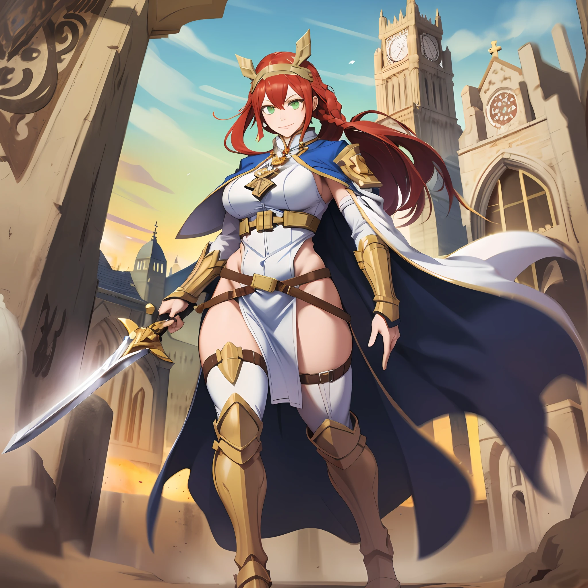 tsubaki yayoioi , blazblue, red hair, green eyes, long hair, tall female, warrior, sword, medieval, twin braids, priestess, holy, holy helmet, medium breasts, yellow cape, stylised helmet, light smile, full body, gold,european cloths, medieval , england, full body, christian, walking, solo focus, holding weapon