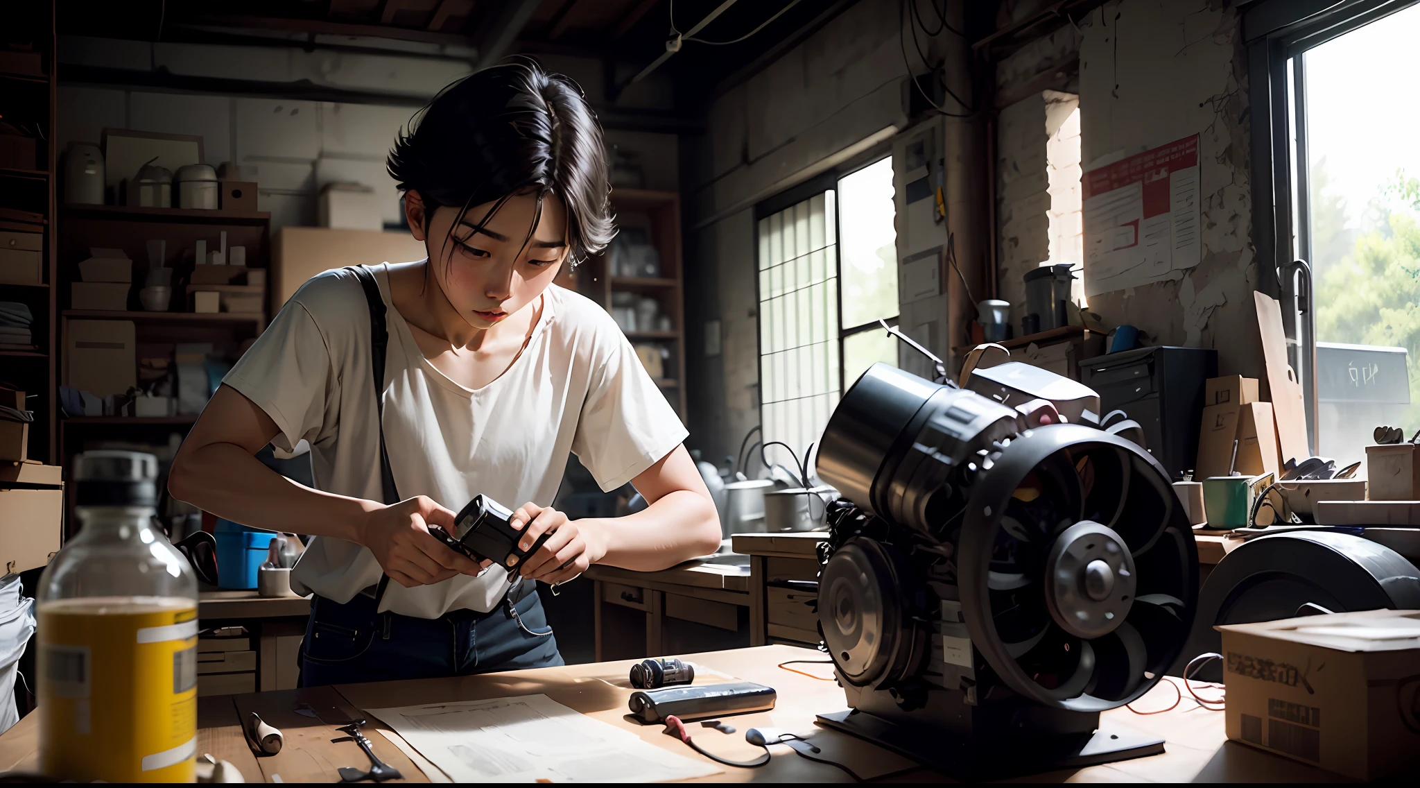 20-year-old Japanese boy tinkering with a rusty car engine inside an old 1930s workshop --auto