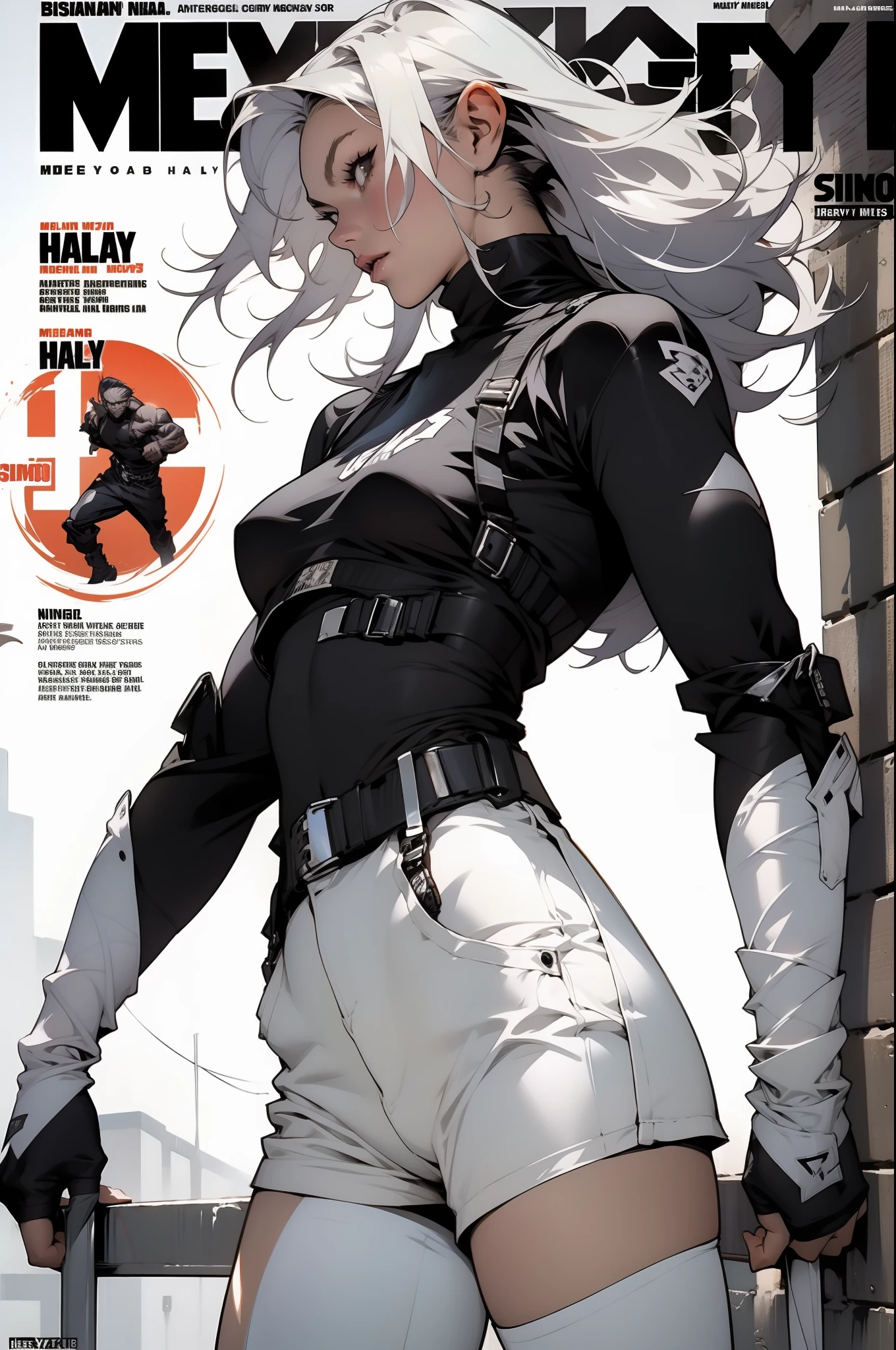 nijistyle, A muscular 35-year-old warrior woman almost naked in the Simon Bisley style for the cover of Heavy Metal magazine, hair half black half white, Minimum clothing, Short clothes,