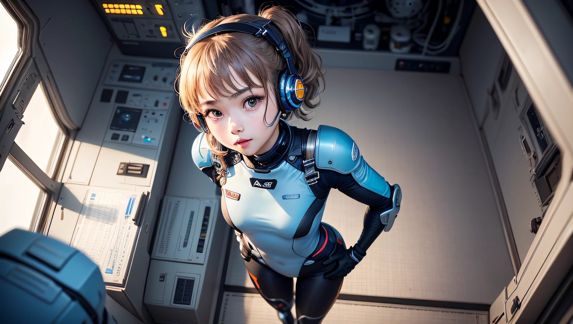 (шедевр、beste-Qualit、Top resolution、Distinct_image、Detailed details、Angle from above): (独奏、Lone Girl、Japan Faces、short-cut、Brown-haired girl、Full body posture、(the perfect body:1.4)、cuteness、cute little、Glittering blue colored eyes、Pilot suit in white and blue colors、Tight Fit Clothing、Clothing that covers the whole body、extremely delicate and beautiful、detailed skins、Slim body、exoskeleton、Gentle smile、heroine、headset on head、long boots、gloves、the front、eye level shot)、(Inside the spacecraft、Fighter cockpit、Control stick)