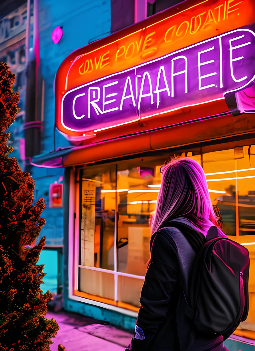 A woman standing in front of a neon sign that says "Create Yourself". She is wearing black, with a backpack on her back. The city is cyberpunk, with tall buildings, neon, and advanced technology. The image is colorful, with tones of black, gray, red, and blue.