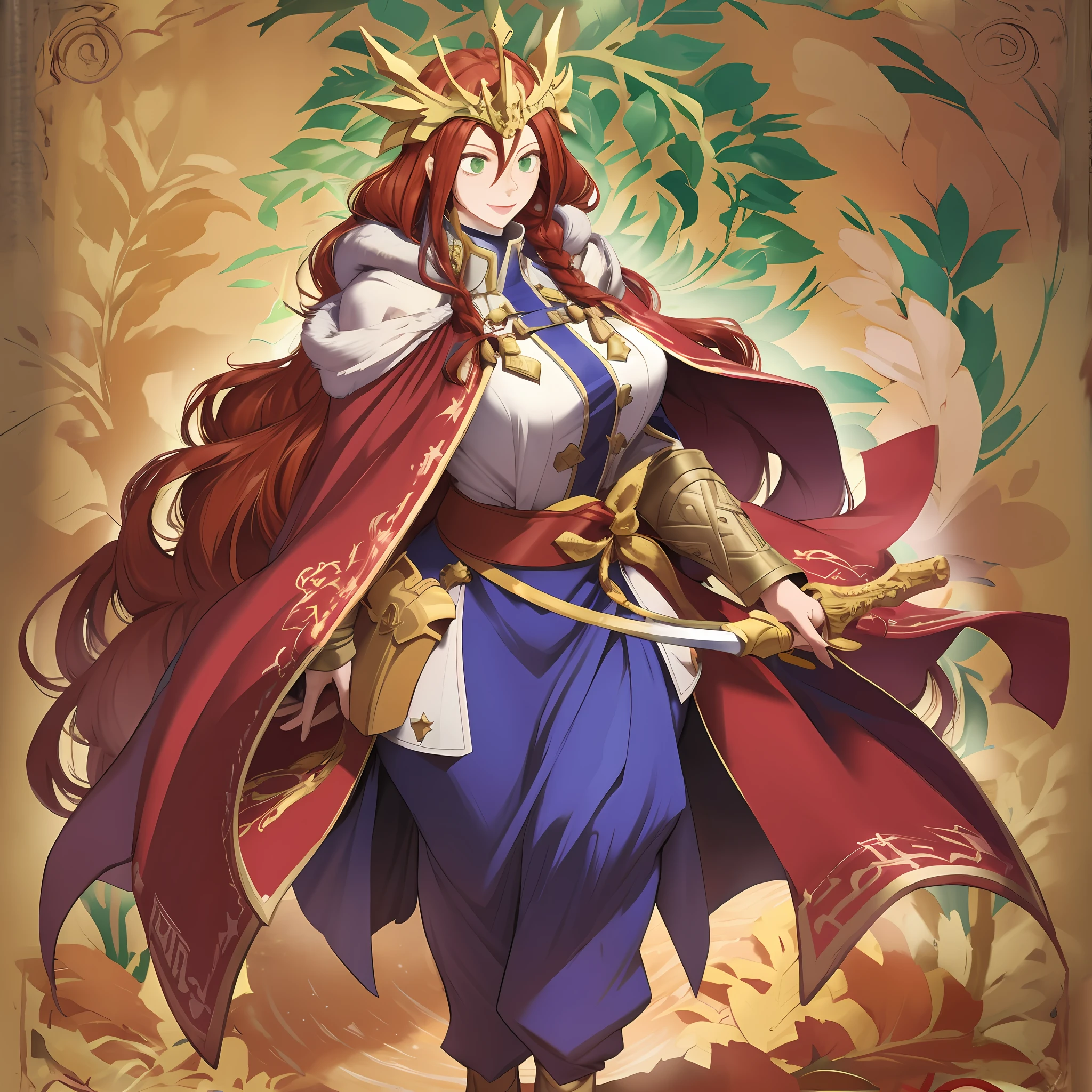 tsubaki yayoioi , blazblue, red hair, green eyes, long hair, tall female, warrior, sword, medieval, twin braids, priestess, holy, holy helmet, medium breasts, yellow cape, stylised helmet, light smile, full body, gold,european cloths, medieval , england, full body, christian, walking, solo focus, holding weapon