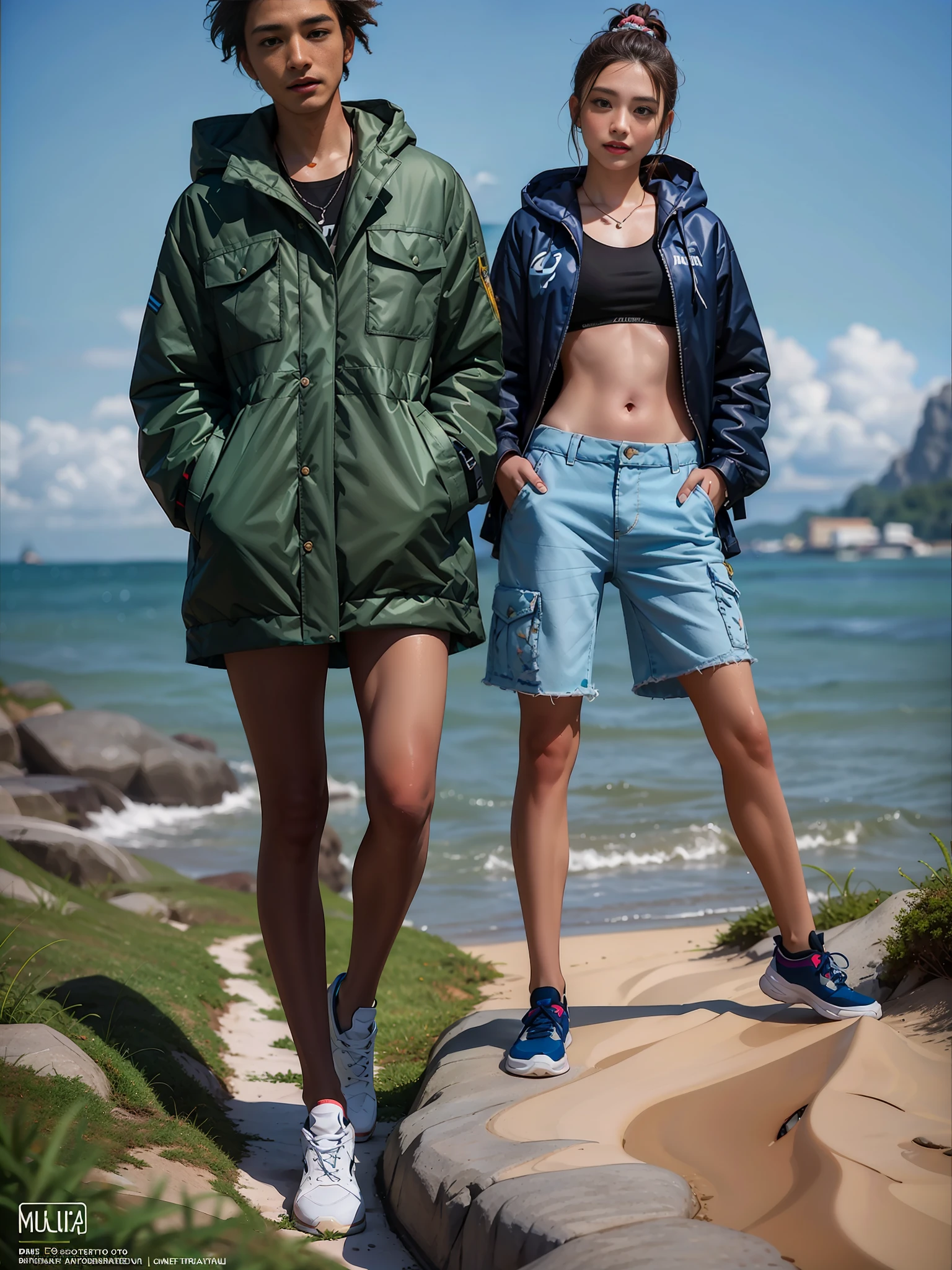 two women standing on a beach with a body of water in the background, Malika Favre, dois modelos no quadro, athletic fashion photography, Directed by: Willian Murai, por Romain brook, Directed by: Elsa Bleda, Directed by: Felipe Seade, fotografia editorial de moda, Fotografia de moda editorial, fotografia de roupas, Directed by: Fernando Gerassi, Directed by: Manuel Franquelo