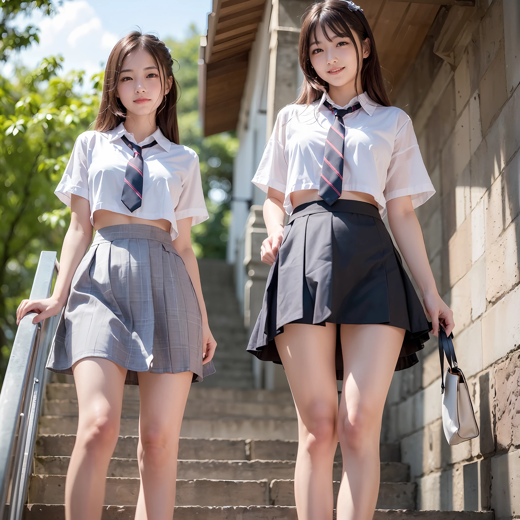 (1girl in)),(((8K,raw,Master Pieces:1.3))),Japanese,Super-High Resolution,Best quality,Full body,Back shot,(From behind,from quite below:1.2),hip focus,
break (walking upstairs,School Uniform,turned up skirt,up skirt:1.2,Sheer blouse:0.6,middlebreasts,perfect pretty face:1.2, Surprising, Embarrassed smile,cheek),
break (Natural Skin Texture,Detailed skin, Hyper-Realism,ultra sharpness),Intricate details,High resolution, Professional Lighting,15 years old,high angled stairs,sporting hip