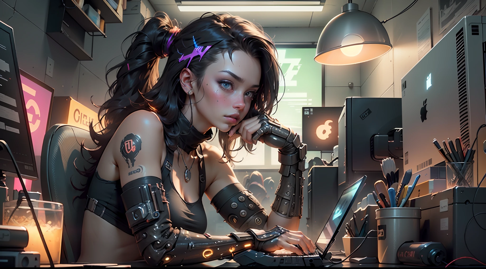 ((Best quality)), ((masterpiece)), (highly detailed:1.3), 3D, beautiful (cyberpunk:1.3) female hacker with thick voluminous hair operating a computer terminal, computer servers, LCD screens, fibre optic cables, corporate logos,HDR (High Dynamic Range),Ray Tracing,NVIDIA RTX,Super-Resolution,Unreal 5,Subsurface scattering,PBR Texturing,Post-processing,Anisotropic Filtering,Depth-of-field,Maximum clarity and sharpness,Multi-layered textures,Albedo and Specular maps,Surface shading,Accurate simulation of light-material interaction,Perfect proportions,Octane Render,Two-tone lighting,Low ISO,White balance,Rule of thirds,Wide aperature,8K RAW,Efficient Sub-Pixel,sub-pixel convolution,luminescent particles,