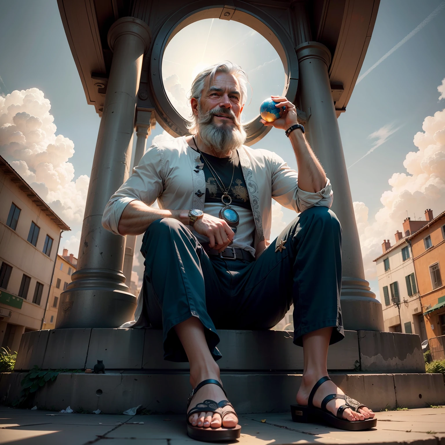 Gray-haired grandfather sitting above a cloud , feet in sandals, nimbus, Globe in hand ,tunic , Big Beard , Rome , Sun, a smile, without glasses, Black Cat , Cyberpunk style , ((intricated details)), HDR, ((intricated details, Hypergranularity)), Cinematic Snapshot, vignette, IDEAL ((( Gorgeous face))), Very detailed, interesting