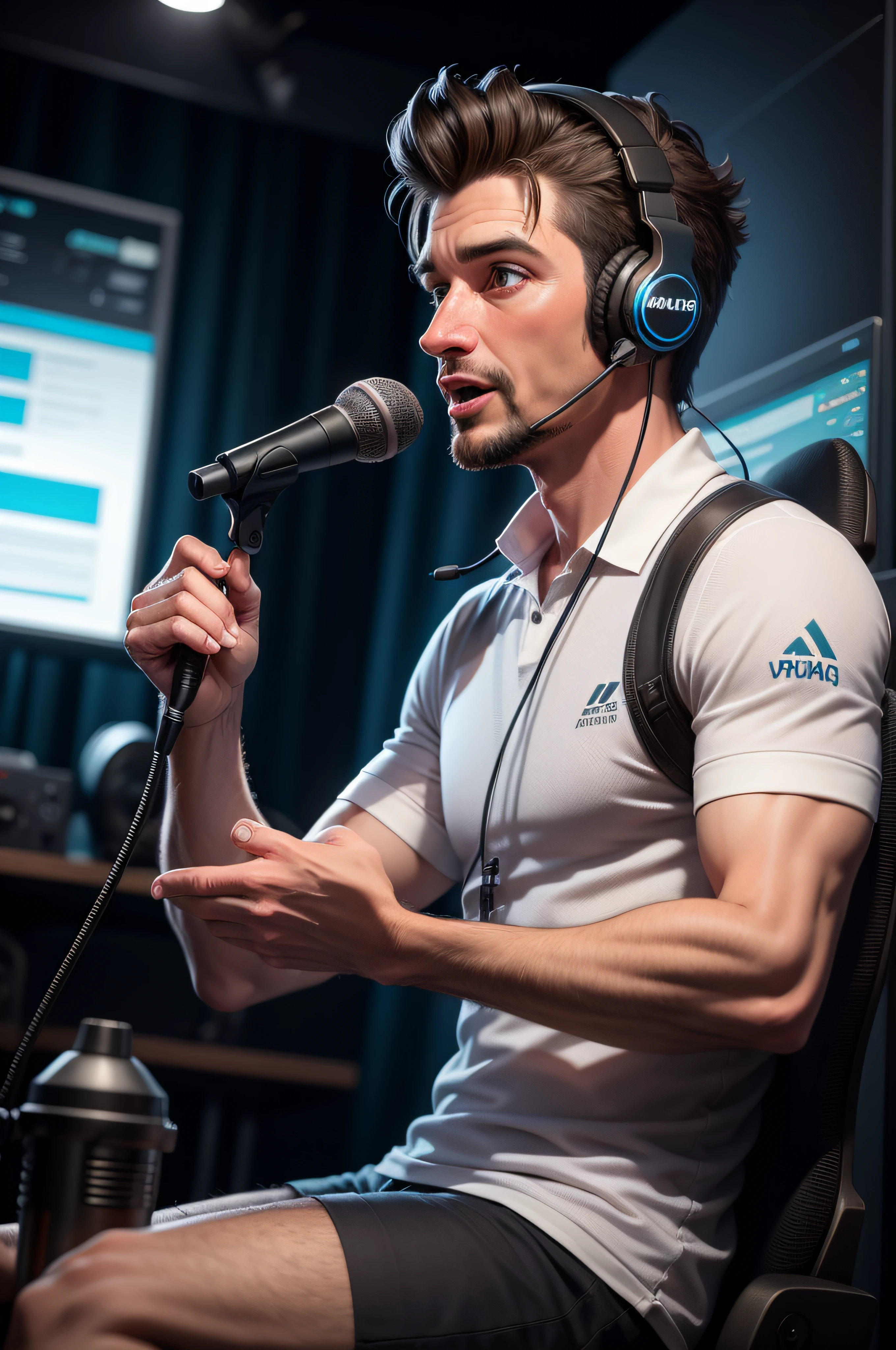 Moreno de 45 anos, cabelo branco com partes preto ondulados, Announcer in the studio, with headset talking into a radio microphone,Realista, 3D, 4K.