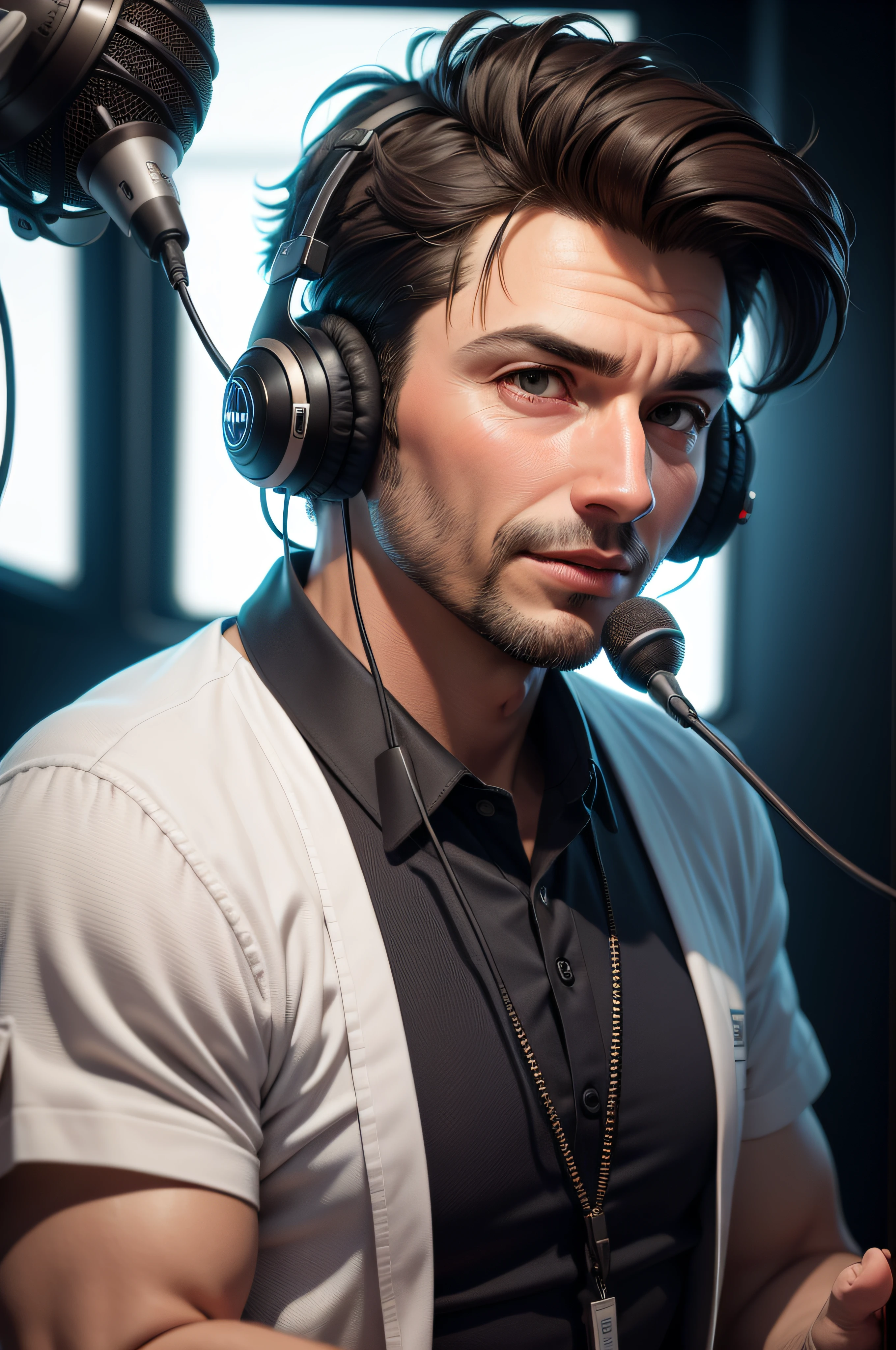 Moreno de 45 anos, cabelo branco com partes preto ondulados,  Announcer in the studio, with headset talking into a radio microphone,Realista, 3D, 4K.