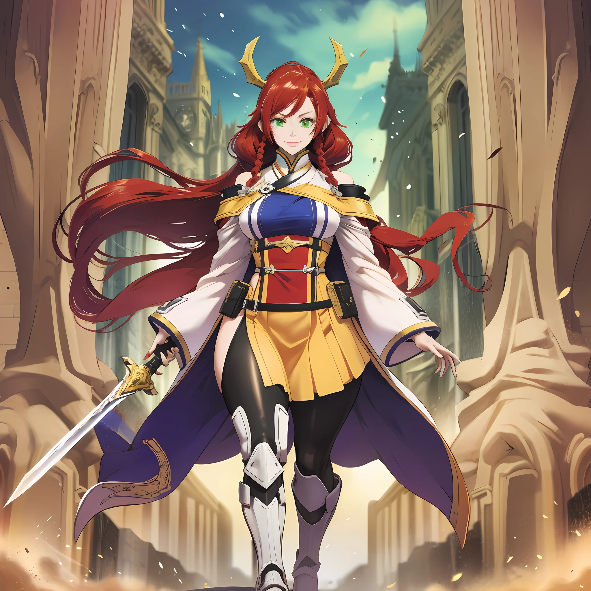 tsubaki yayoioi , blazblue, red hair, green eyes, long hair, tall female, warrior, sword, medieval, twin braids, priestess, holy, holy helmet, medium breasts, yellow cape, stylised helmet, light smile, full body, gold,european cloths, medieval , england, full body, christian, walking, solo focus, holding weapon