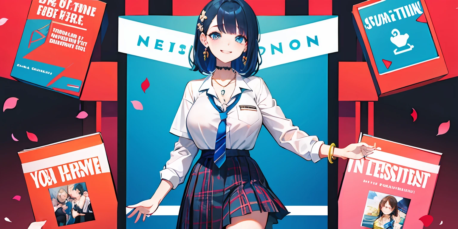 a masterpiece of,need,fullllbody,1girl huge large breasts,By bangs,Black necklace,blue hair,a blue skirt,bangle,Beauty breasts,necklac,Waist clothes,鎖骨,Shirt with collar,Cowboy photos,Formal shirts,ear pierce,Eyebrows visible through hair,Gradient hair,grin,gyaru,jewelries,kogal,length hair,looking looking at viewer,Loose tie,tiese,nipple piercing,tartan,Plaid skirts,pleatedskirt,blue eyess,gyuru,school uniform,lifiting shirt,a skirt,ssmile,solo,white shirt,street corner,skyward,SakuraNS,petals,illustration,(Magazines:1.3),(Cover style:1.3),lo fashion,perverted woman,Full of dynamism,Attire,posando,The front,Colorful,dyna,a backdrop of,element in,confiante,expresive,halter,statement,attachment,majestueux,coil,ao redor,tocar,Scenes,text,cover page,boldness,attention-grabbing,titles,lo fashion,typeface,Catchy,titles,Bigger,Smart,modern day,lo fashion,focus-on、lo fashion、