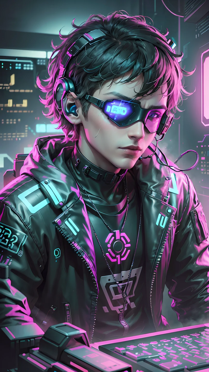 ((Best quality)), ((masterpiece)), (highly detailed: 1.3), 3D, NeonNoir, cyberpunk man, (using the head mounted display that is thick and hi-tech: 1.2), using a cover, hacking a computer terminal, PURPLE NEON MONITOR LIGHT, GREEN NEON SIGNS ON THE WALL,