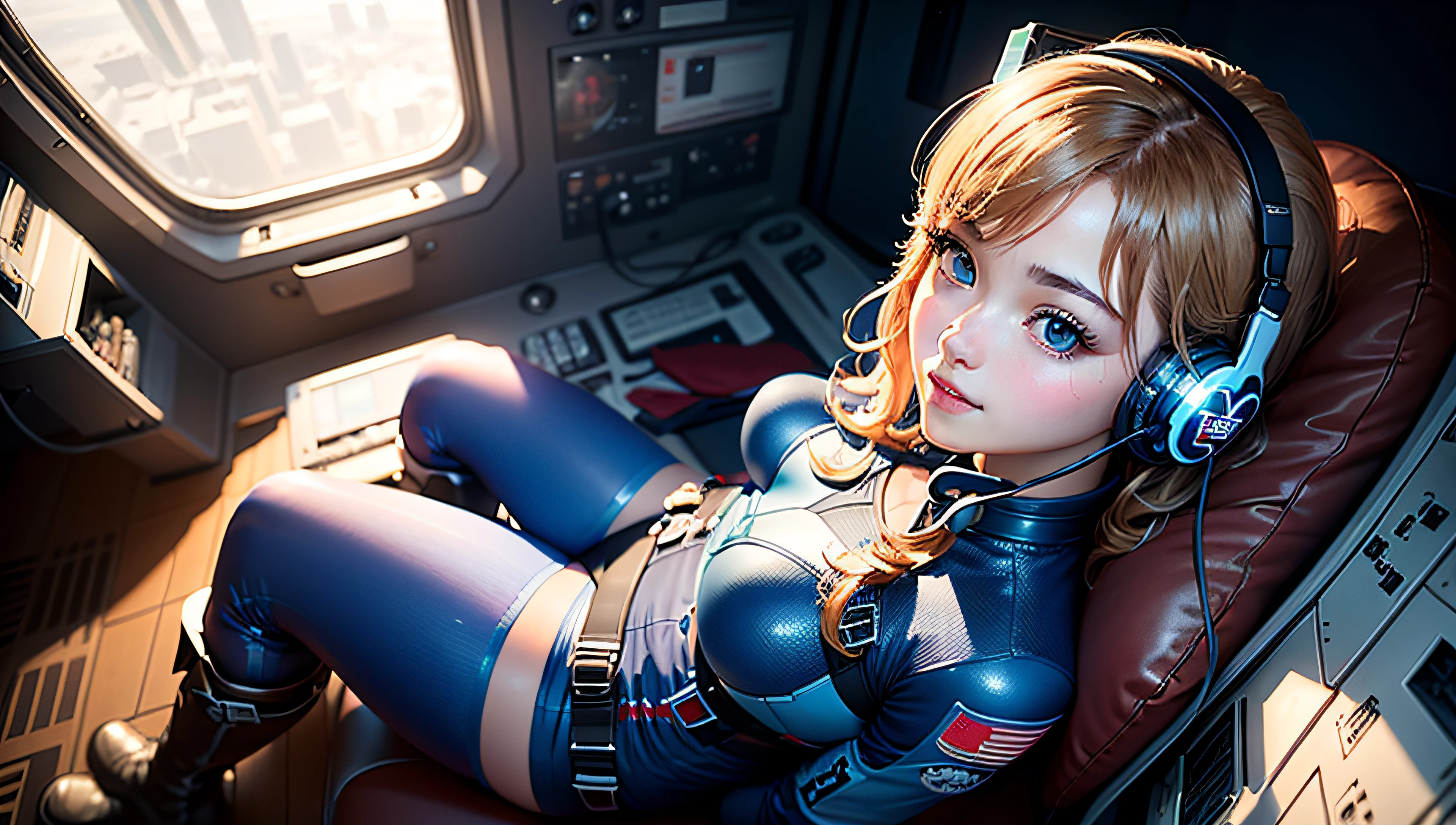 (шедевр、beste-Qualit、Top resolution、Distinct_image、Detailed details、Angle from above、up): (独奏、Lone Girl、Japan Faces、short-cut、Brown-haired girl、(the perfect body:1.4)、Glittering blue colored eyes、Pilot suit in white and blue colors、Tight Fit Clothing、Clothing that covers the whole body、extremely delicate and beautiful、detailed skins、Slim body、exoskeleton、Gentle smile、Soft look、heroine、headset on head、long boots、gloves、eye level shot)、(Inside the spacecraft、Fighter cockpit、Control stick)