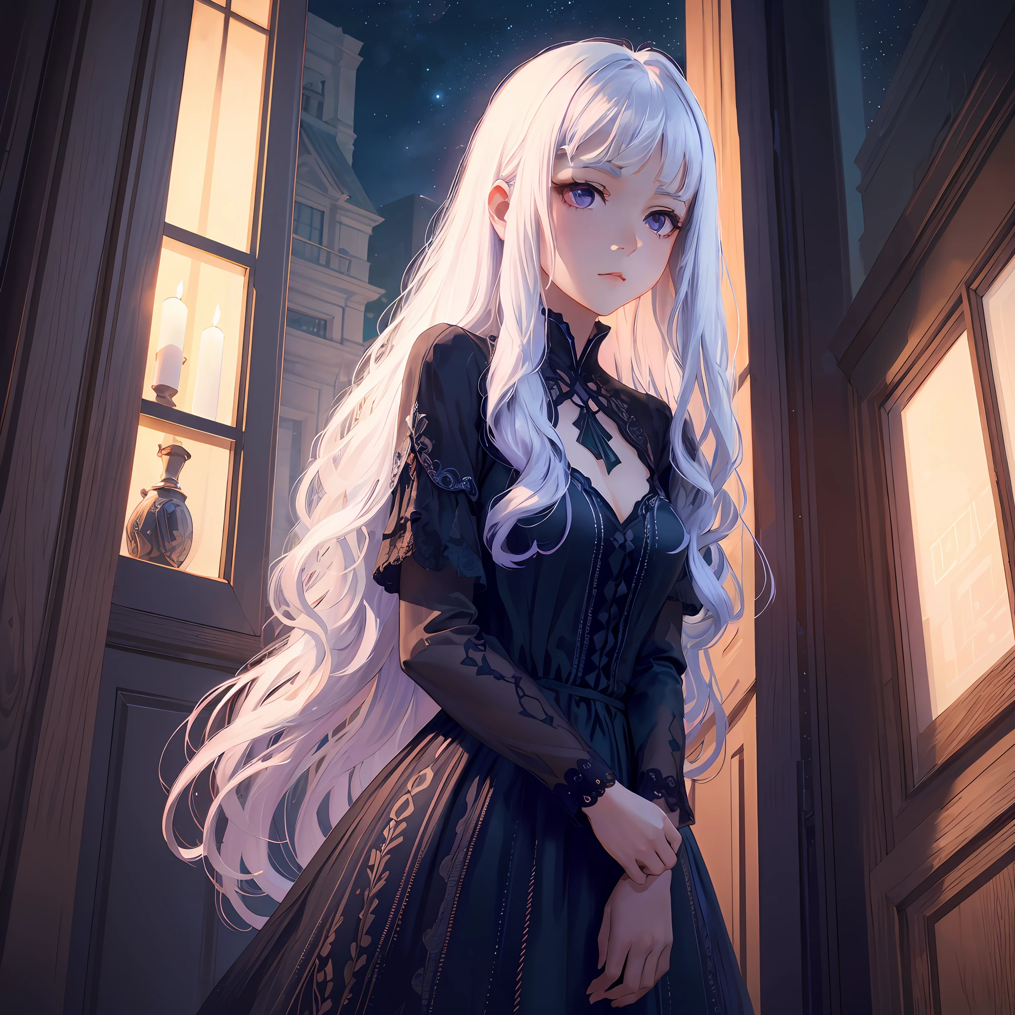 anime - style image of a woman in a black dress standing in front of a window, Guviz-style artwork, Anime girl wearing black dress, a beautiful anime portrait, Anime art wallpaper 8 K, Guweiz in Pixiv ArtStation, Detailed digital anime art, Guweiz on ArtStation Pixiv, 8K high quality detailed art。A teenage girl，Long fluffy white hair that curves slightly，By bangs。Purple eye。paleskin。Lonely and lonely。Black dress，Under the stars。 European window sill balcony in background 。