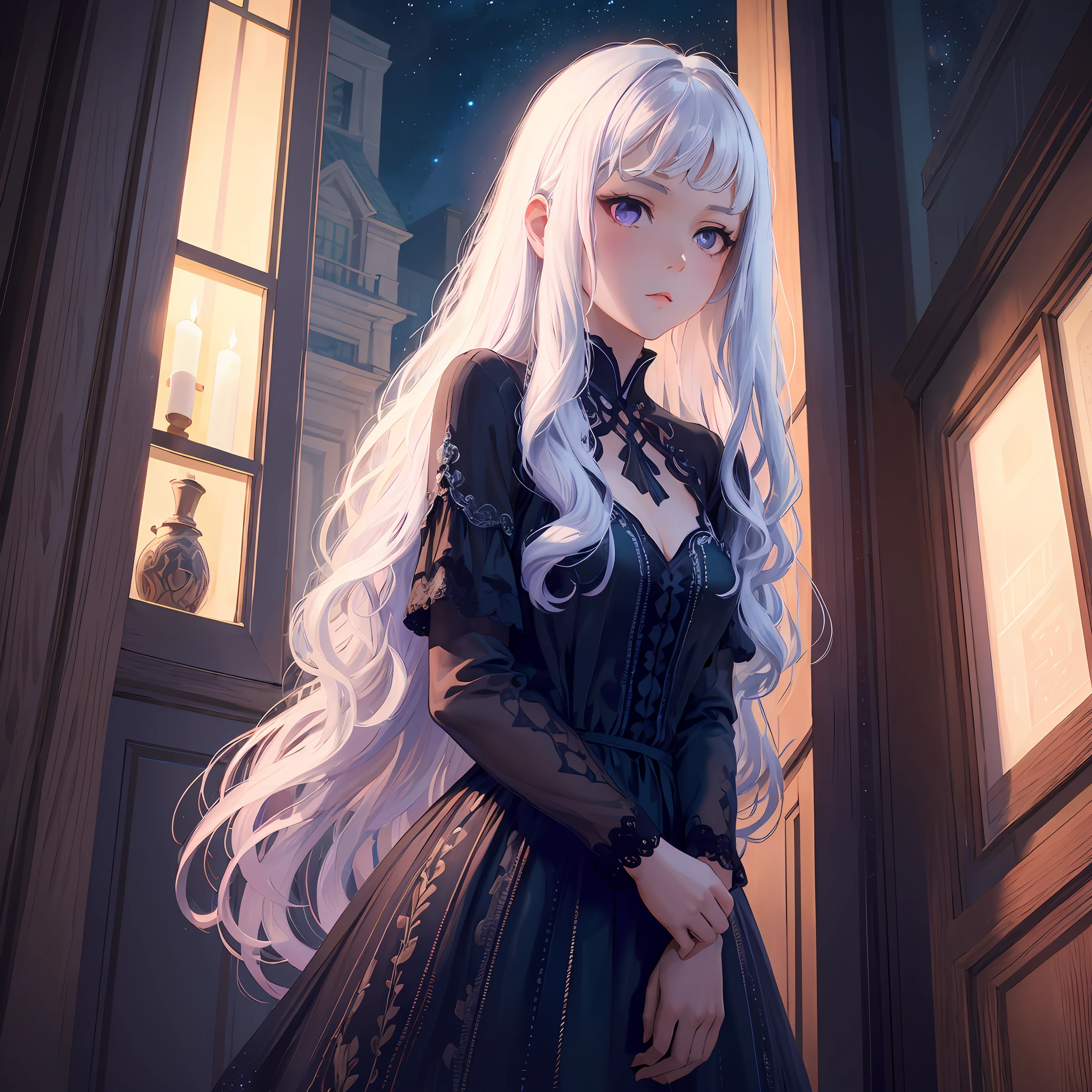 anime - style image of a woman in a black dress standing in front of a window, Guviz-style artwork, Anime girl wearing black dress, a beautiful anime portrait, Anime art wallpaper 8 K, Guweiz in Pixiv ArtStation, Detailed digital anime art, Guweiz on ArtStation Pixiv, 8K high quality detailed art。A age girl,Long fluffy white hair that curves slightly,By bangs。Purple eye。paleskin。Lonely and lonely。Black dress,Under the stars。 European window sill balcony in background 。