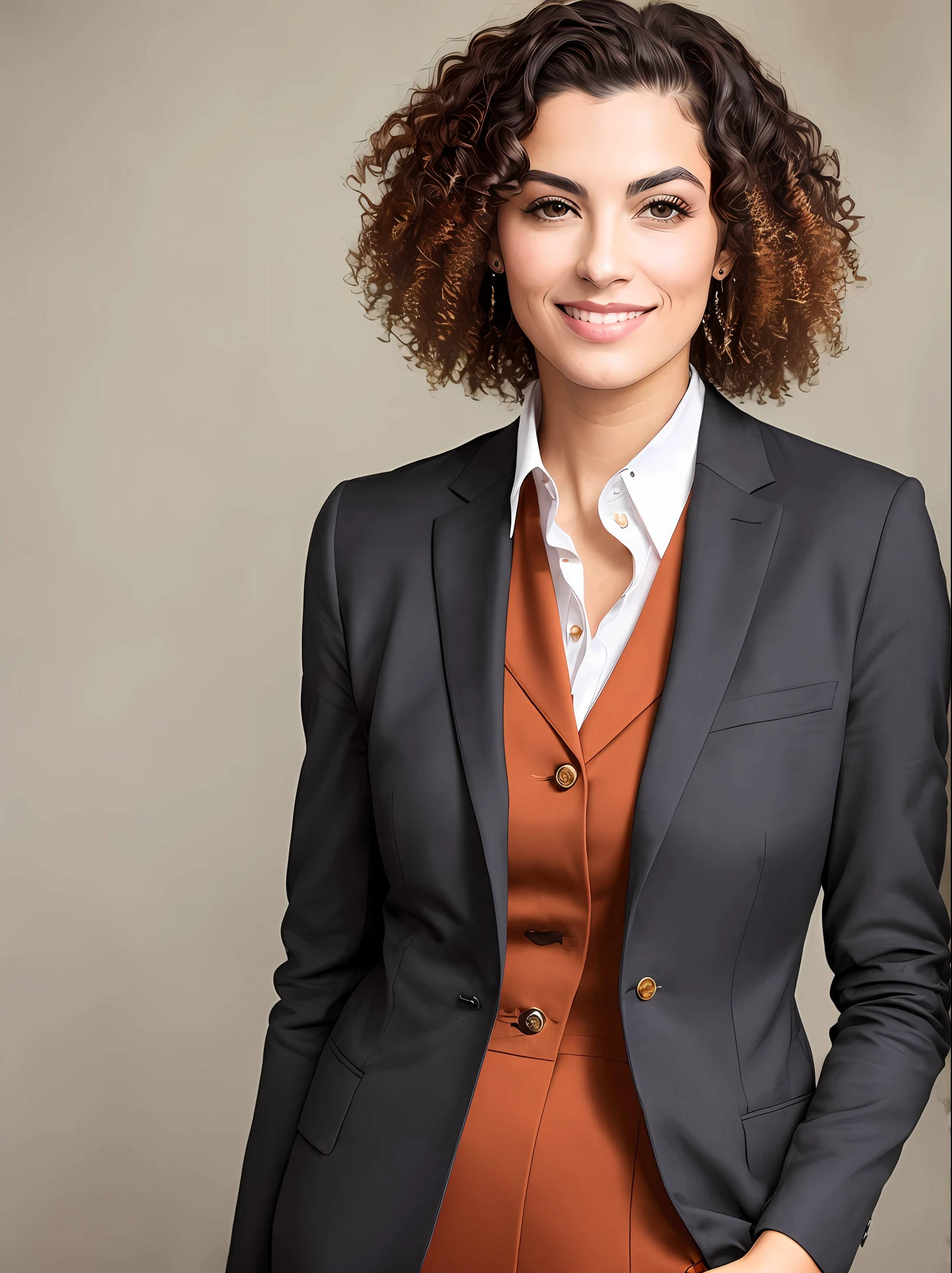 Black brunette businesswoman curly hair with terracotta colored suit