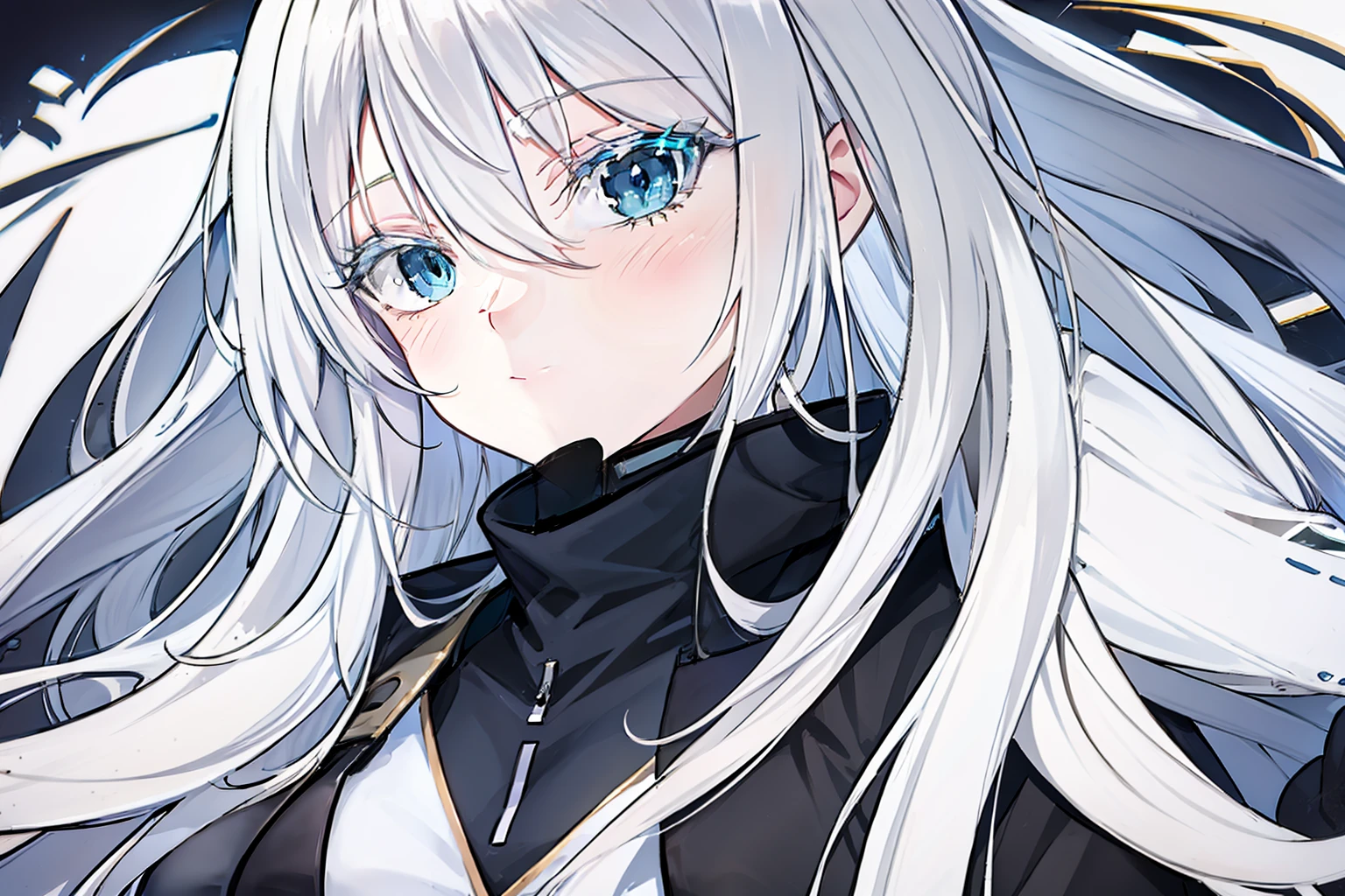 anime girl with long white hair and blue eyes in a black jacket, Girl with white hair, Kantai Collection Style, from arknights, A white-haired, [[[[grinning evily]]]], anime moe art style, official artwork, White-haired, from girls frontline, Official art, white haired god, girls frontline style, girl with perfect white hair