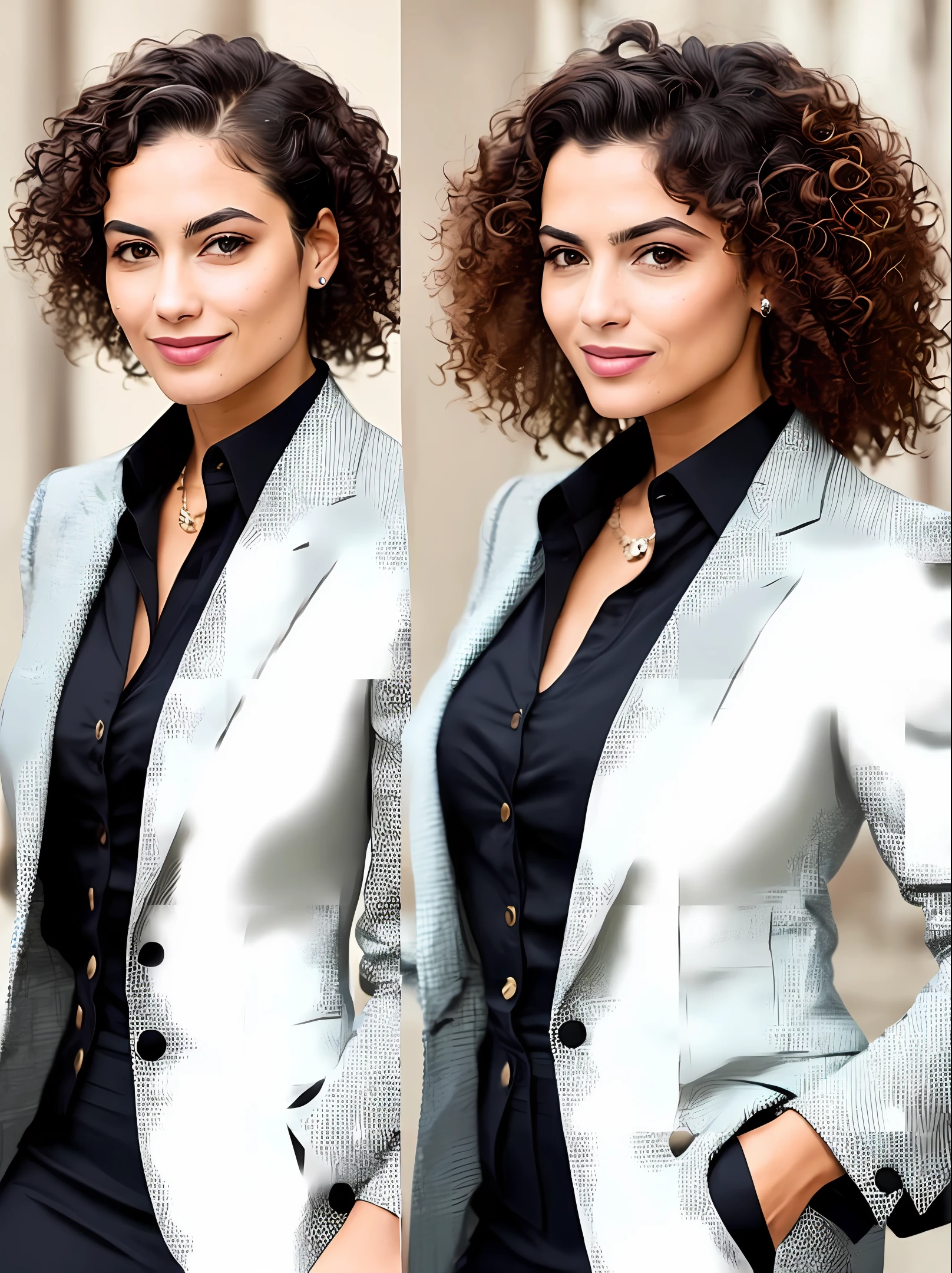 Black brunette businesswoman curly hair with terracotta colored suit