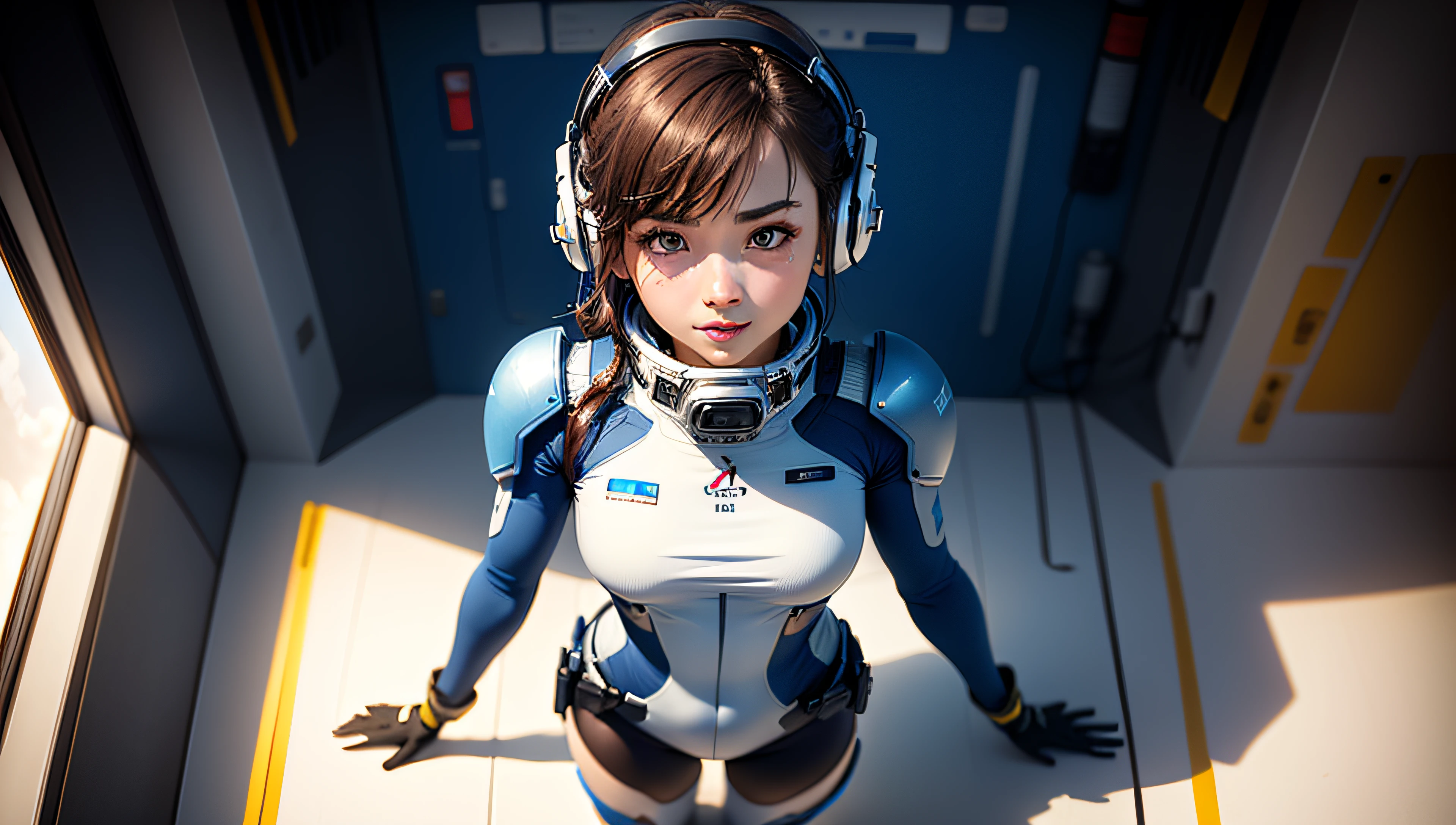 (шедевр、beste-Qualit、Top resolution、Distinct_image、Detailed details、Angle from above、up): (独奏、Lone Girl、Japan Faces、short-cut、Brown-haired girl、(the perfect body:1.4)、Glittering blue colored eyes、Pilot suit in white and blue colors、Tight Fit Clothing、Clothing that covers the whole body、extremely delicate and beautiful、detailed skins、Slim body、exoskeleton、Gentle smile、Soft look、heroine、headset on head、long boots、gloves、eye level shot)、(Inside the spacecraft、Fighter cockpit、Control stick)