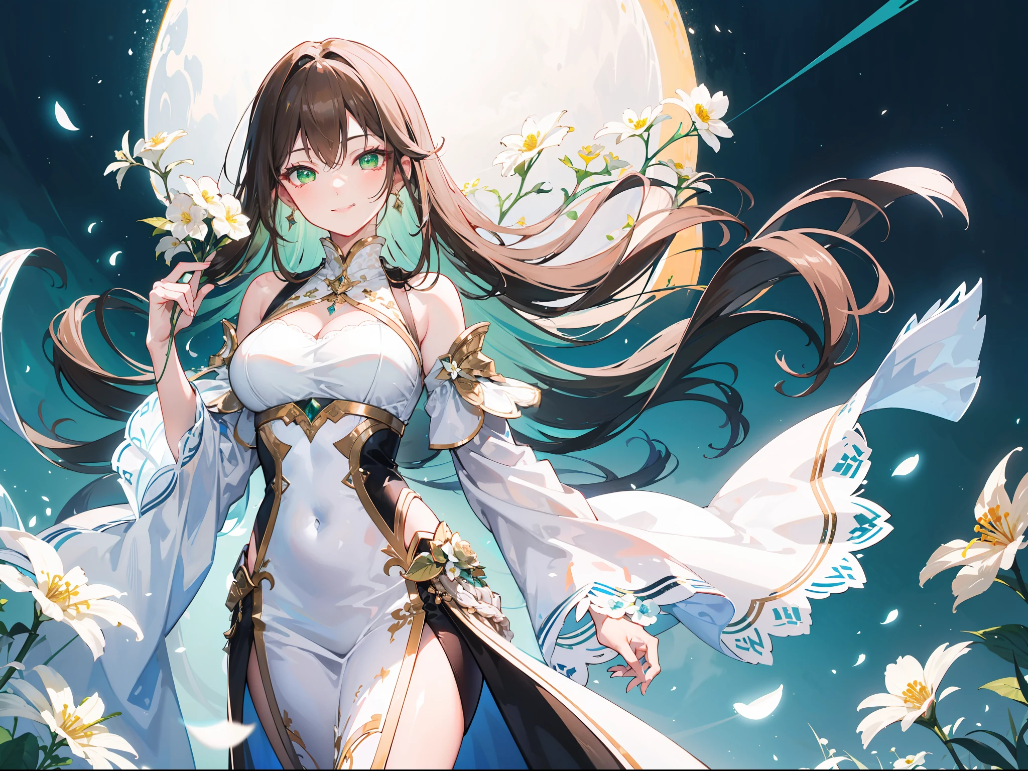 "Epic morning atmosphere, stunning 4k artwork featuring a confident adorable mature woman with long flowing brown tied hair. Her captivating, glowing green eyes illuminate the scene as she dons elegant white attire, radiating a charming and cute smile. She standing and holding white flower with cute smile"