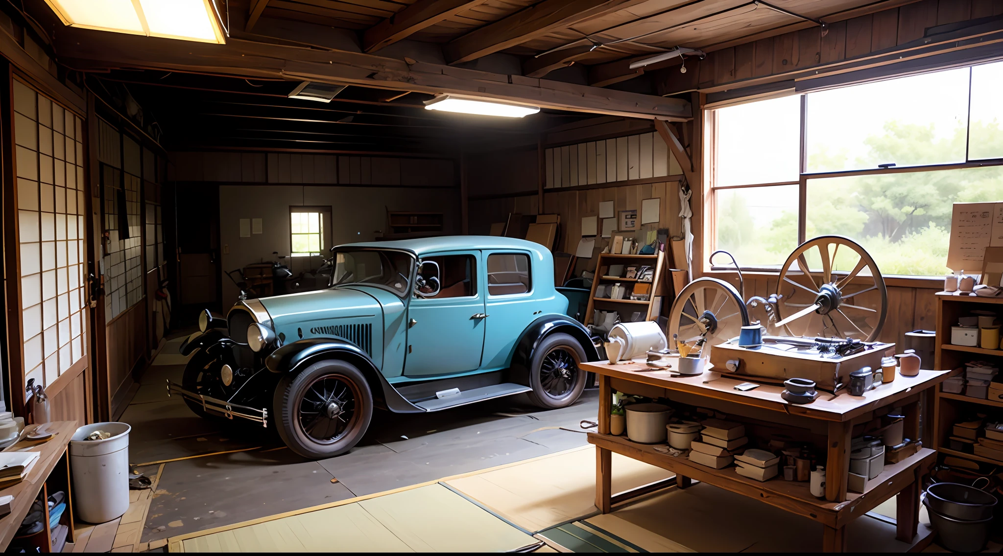 a 1920s Japanese car repair shop --auto