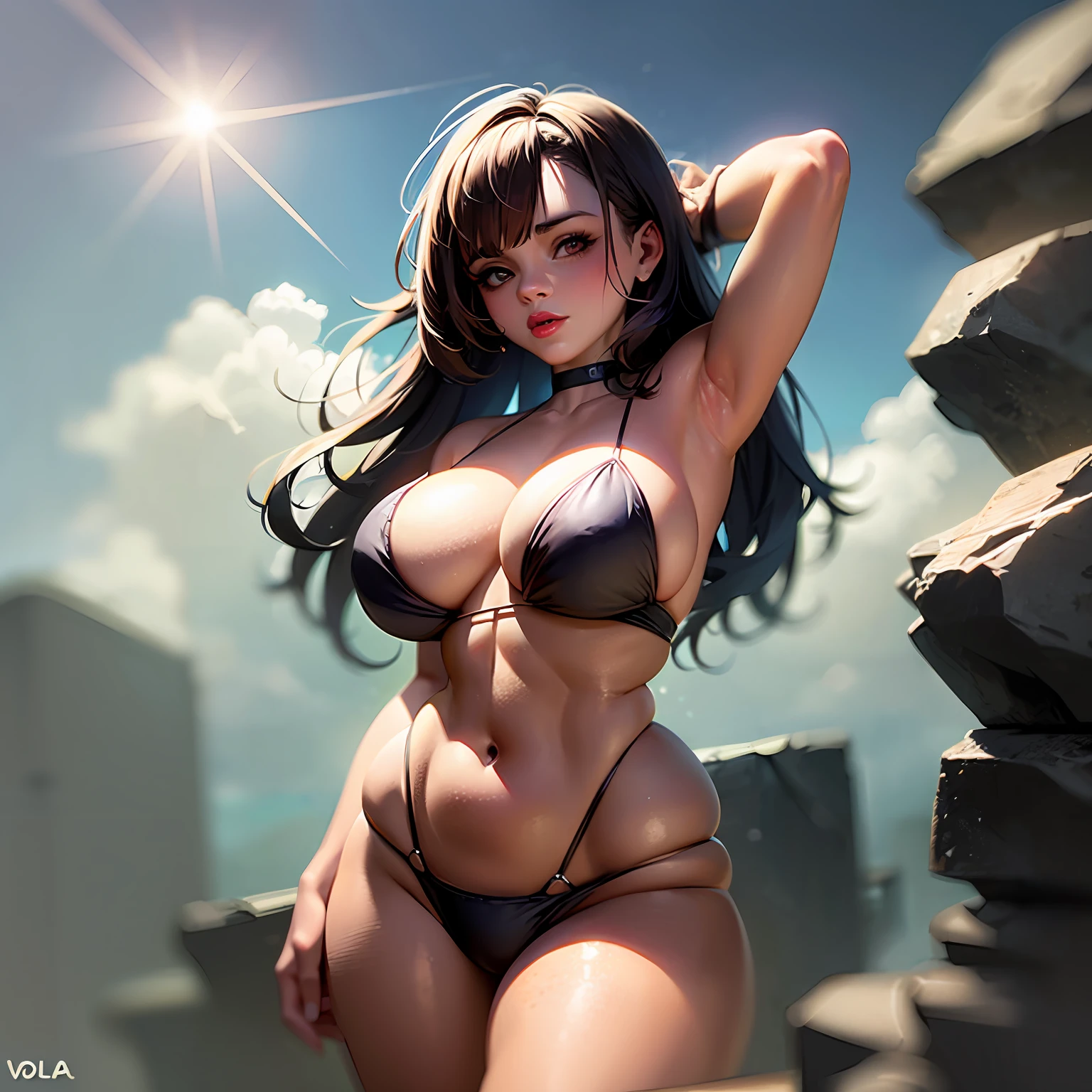 superhero girl ("christina ricci"), (voluptuous body), wide hips, emissive, shimmering, black, (correct anatomy), revealing bikini