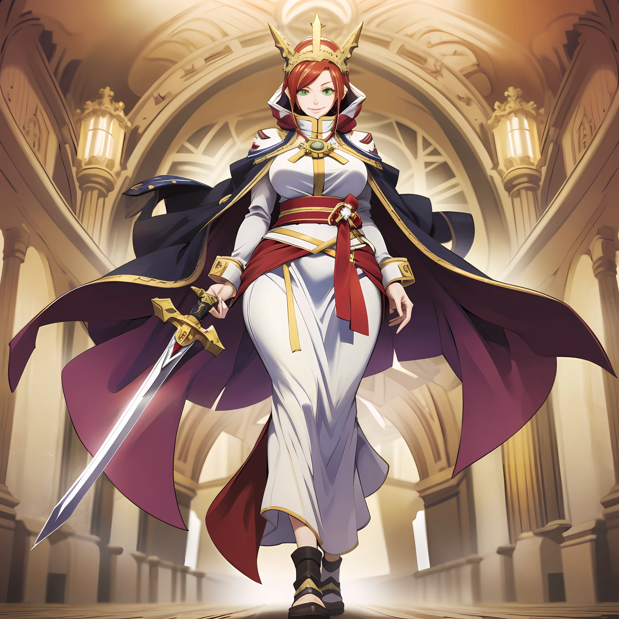 tsubaki yayoioi , blazblue, red hair, green eyes, long hair, tall female, warrior, sword, medieval, twin braids, priestess, holy, holy helmet, medium breasts, yellow cape, stylised helmet, light smile, full body, gold,european cloths, medieval , england, full body, christian, walking, solo focus, holding weapon, long skirt