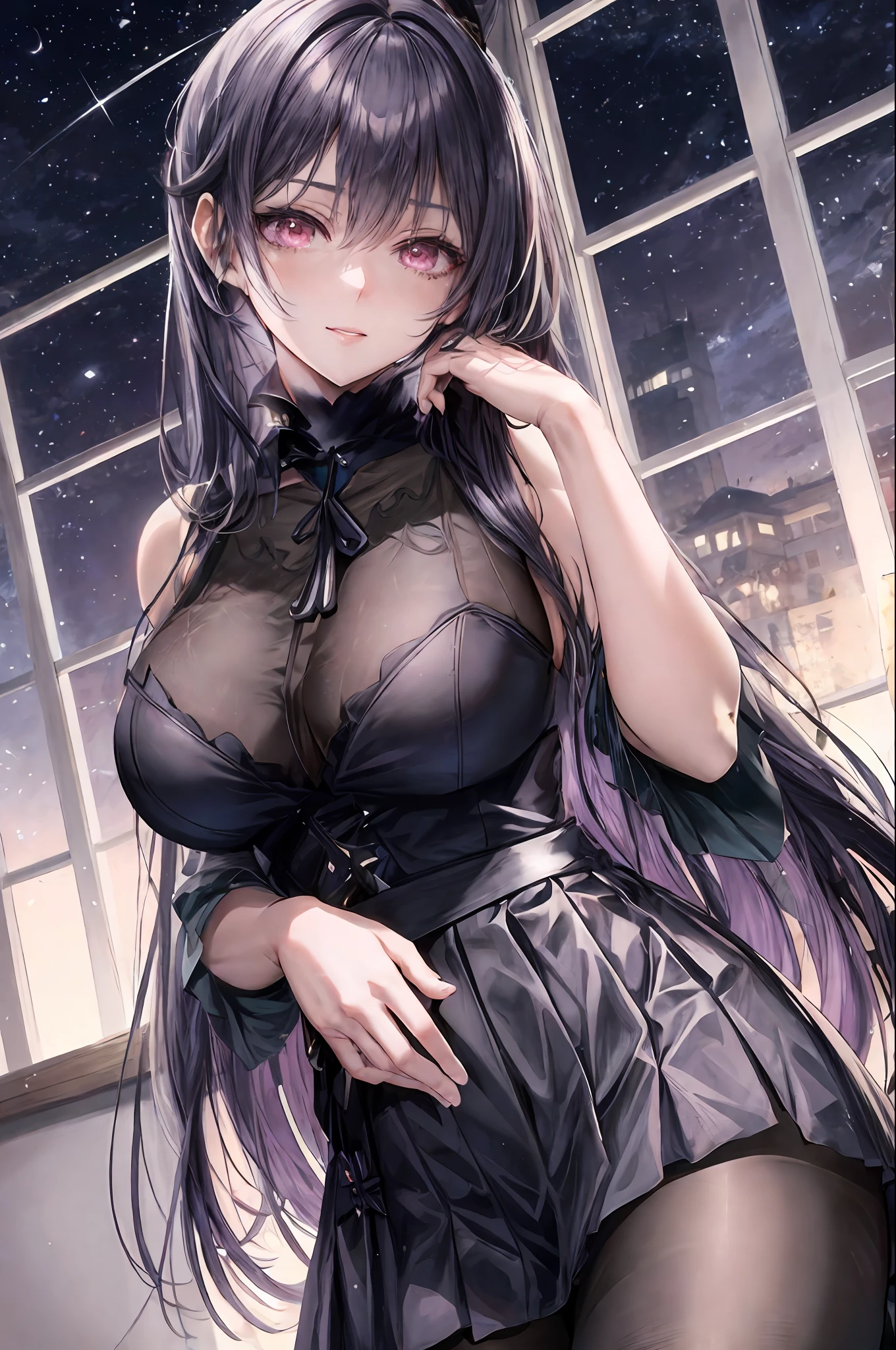 a woman in a black dress and stockings posing in front of a window, seductive anime girl, cute anime waifu in a nice dress,  in dress, beautiful alluring anime woman, fine details. girls frontline, anime girl wearing a black dress, anime moe artstyle, noire, marin kitagawa fanart, [ 4 k digital art ]!!