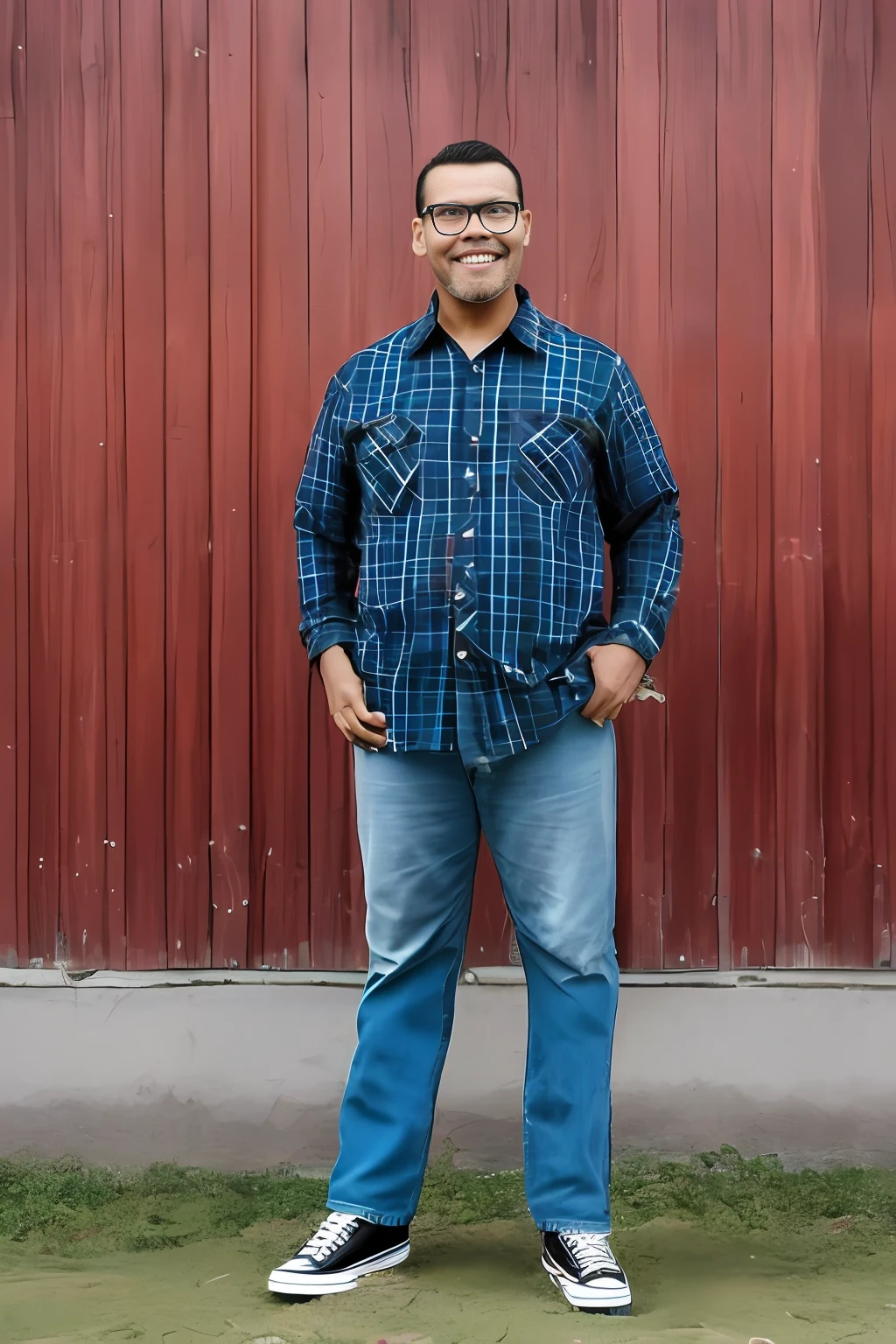 guttonerdvision6, fotografia de corpo inteiro de um homem de 48 anos de oculos,  man style rustic lumberjack, serious countenance, com barba longa, olhos brilhantes castanhos escuros, nitidez do rosto, detailed skin with apparent pores, rosto, wearing a plaid shirt and battered jeans. Photograph for documentation. (((fundo preto retroiluminado))). Iluminacao de estudio. UHD realista. fotografia profissional, O 50mm