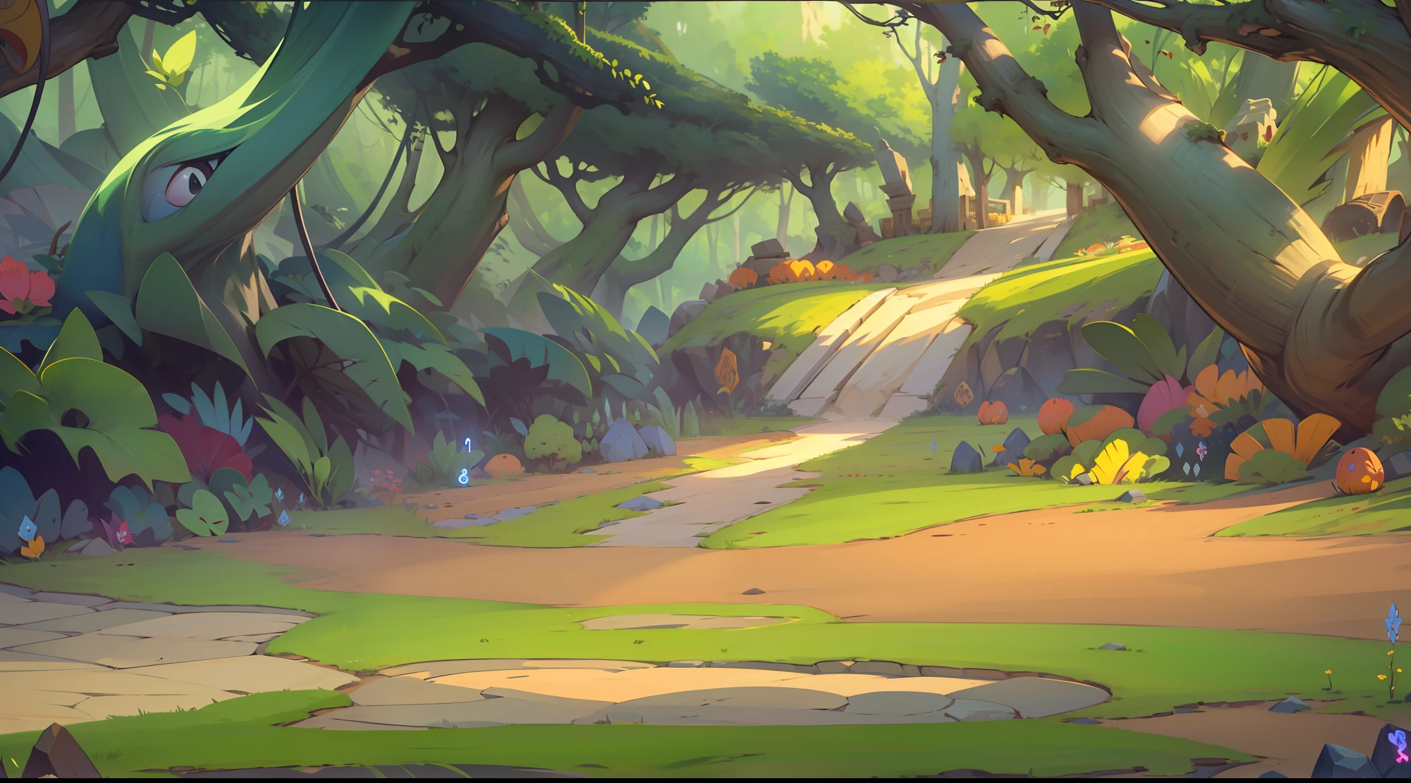 Game map design,cartoonish style,Side-scrolling battle scenes,The theme of the forest、Faraway view、The middle view is a flat ground,Close-up,Mogao Caves,angle of depression,gameicon,a masterpiece of,Epic composition,Best Quority,superhighresolution,8K