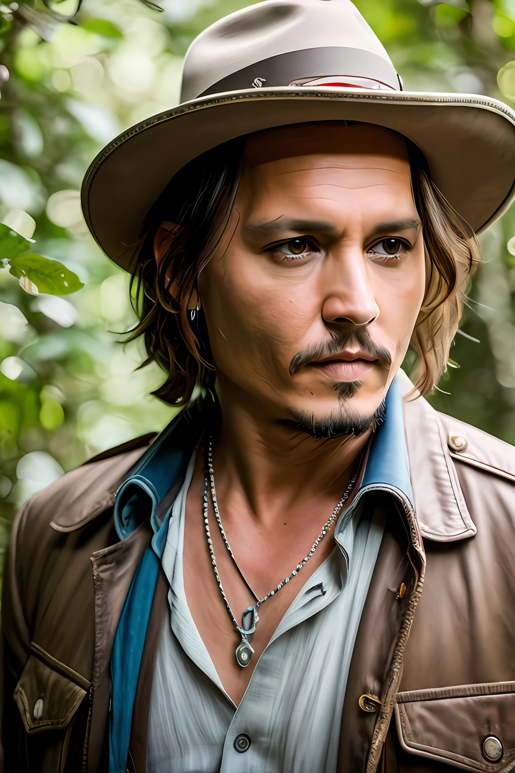 obra-prima, Johnny Depp walking through the jungle at night among fireflies, (detalhe alto: 1 1), rough face, pele natural, alta qualidade, nsfw, olhos lindos, (rosto e olhos detalhados), (rosto: 1 1), noise, extra, foto real, PSD, lamp film photography, sharp foc, contrast lighting, pele detalhada, high res 8k, detalhe maluco, realista, fotografia profissional, 8k UHD, SLR camera, gentle illumination, alta qualidade, grain of film, Fujifilm XT3