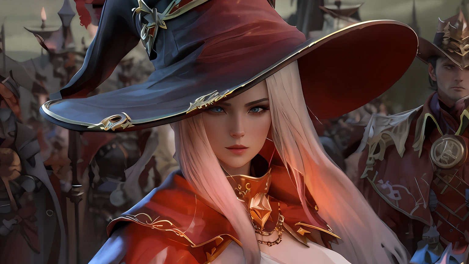 there are two women dressed in costumes and hats standing together, Cinematic Shadowbringers, 4K fantasia detalhe, da linhagem 2, karol bak uhd, Estilo Lineage 2 Revolution, 2. 5 d cgi anime fantasia arte, Arte de fantasia 4k, Diablo 4 Rainha, Artgerm ; motor 3d unreal, bruxa castlevania, wizard hat cinematic lighting --auto