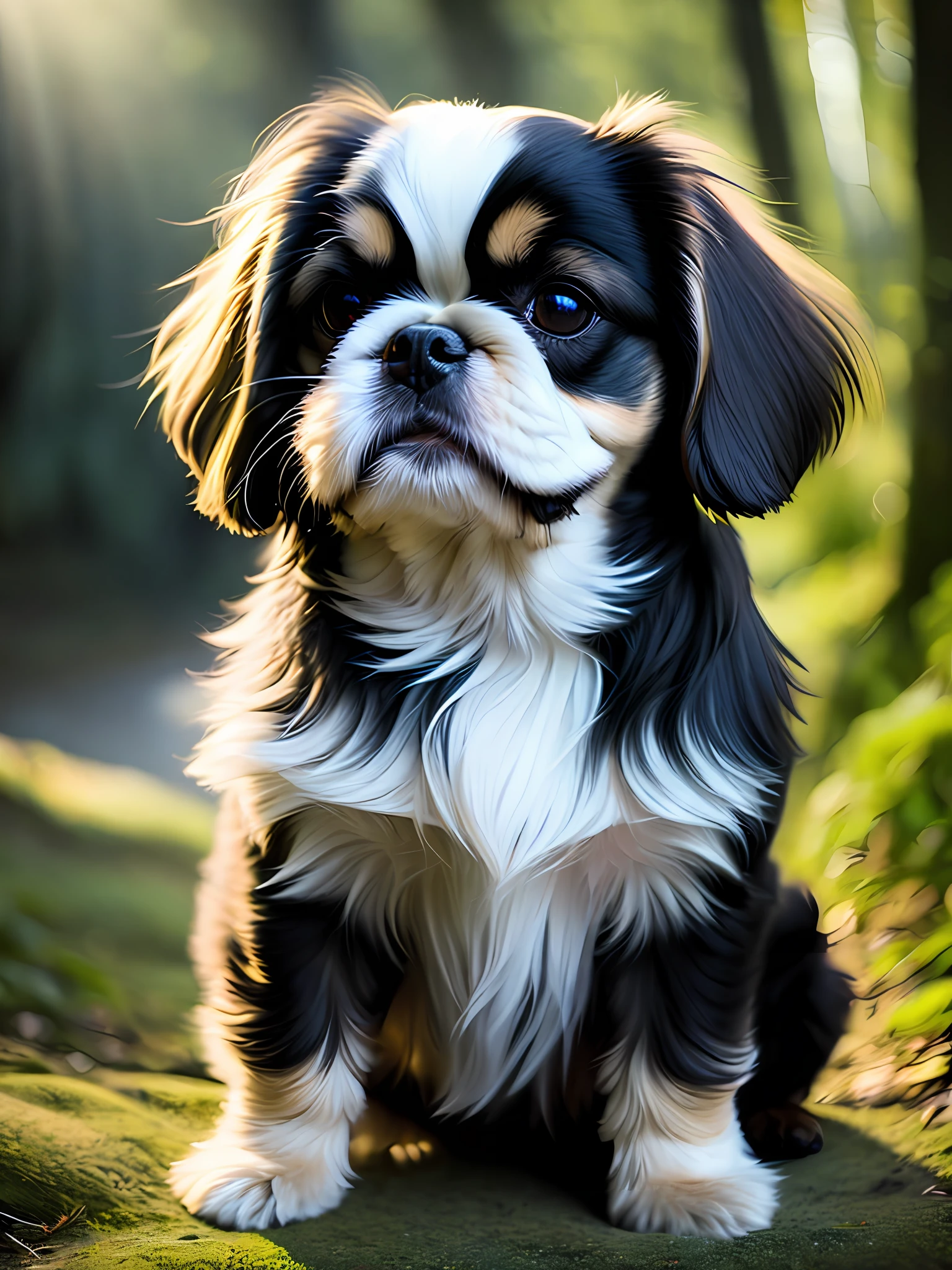 foto em close de um cachorrinho shih Tzu, totalmente da cor preta, pulando muito fofo na floresta, soft volumetric lights (retroiluminação: 1.3), (kinematics: 1.2), detalhes intrincados (ArtStation: 1.3)