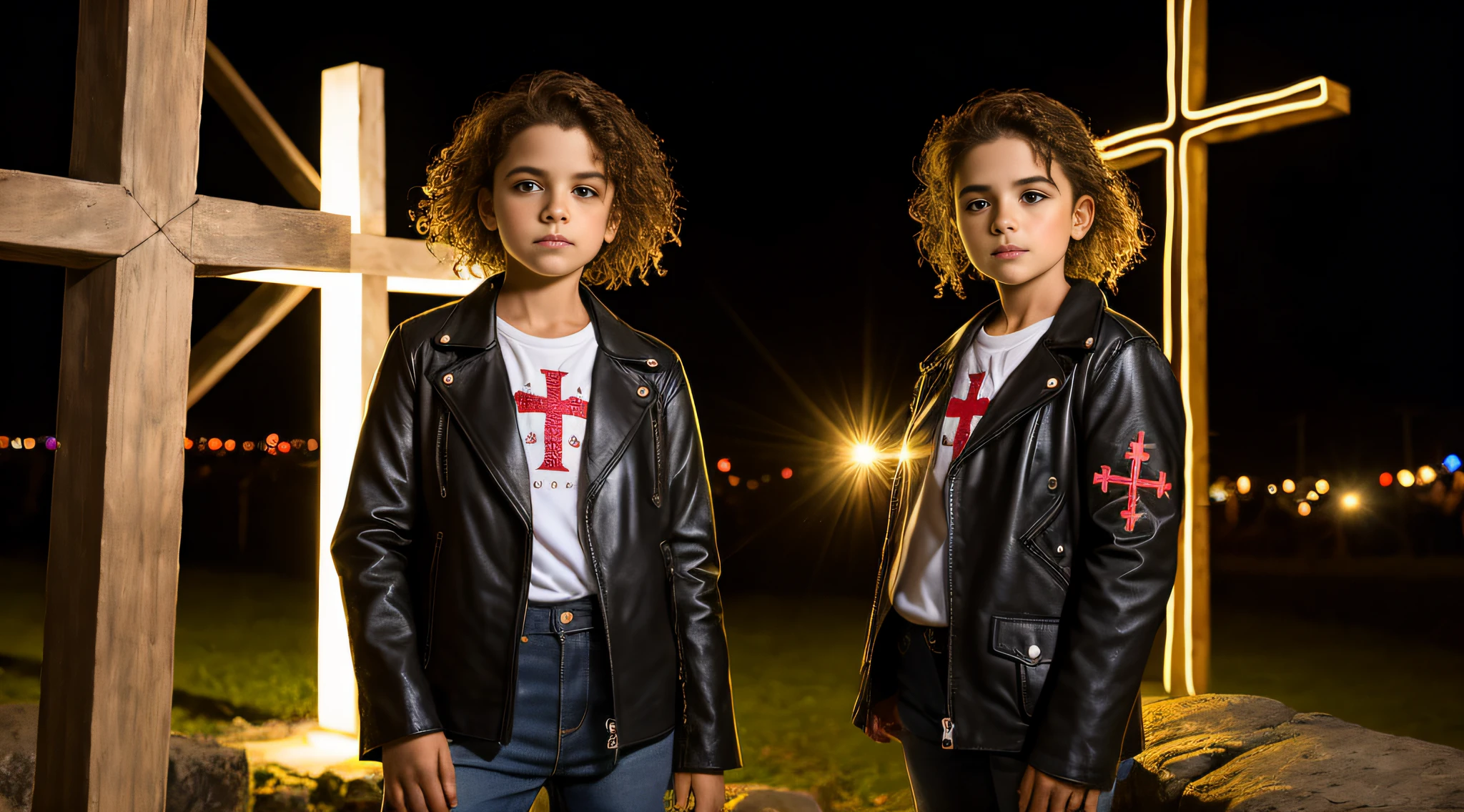 LOIRA 10 ANOS, jaqueta de couro preta, cabelos LOIROS muito longos, , uma cruz , retrato, foto de zoom detalhada, Crucifixo, Cruzes, cruz, neon cross.
