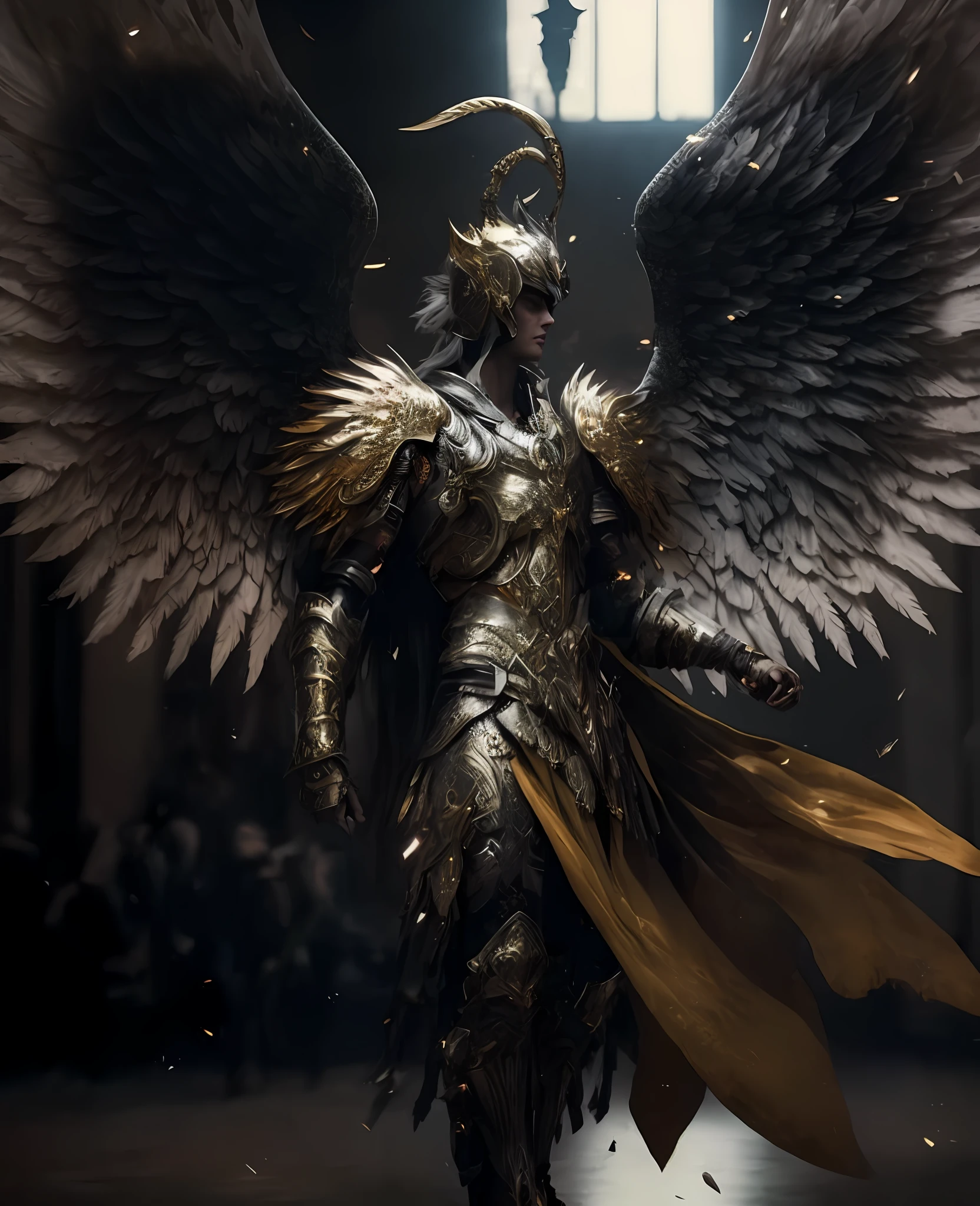 um close up de uma pessoa com asas em um palco, unreal motor render saint seiya, Armadura Dourada Angelical, elegant cinematic fantasy art, unreal engine render + uma deusa, Armor angle with wing, as a mystical valkyrie, angel in plastic armor, Amazing 8K character concept art, trending in cgsociety, Unreal Engine Arte de fantasia, 4K fantasia detalhe