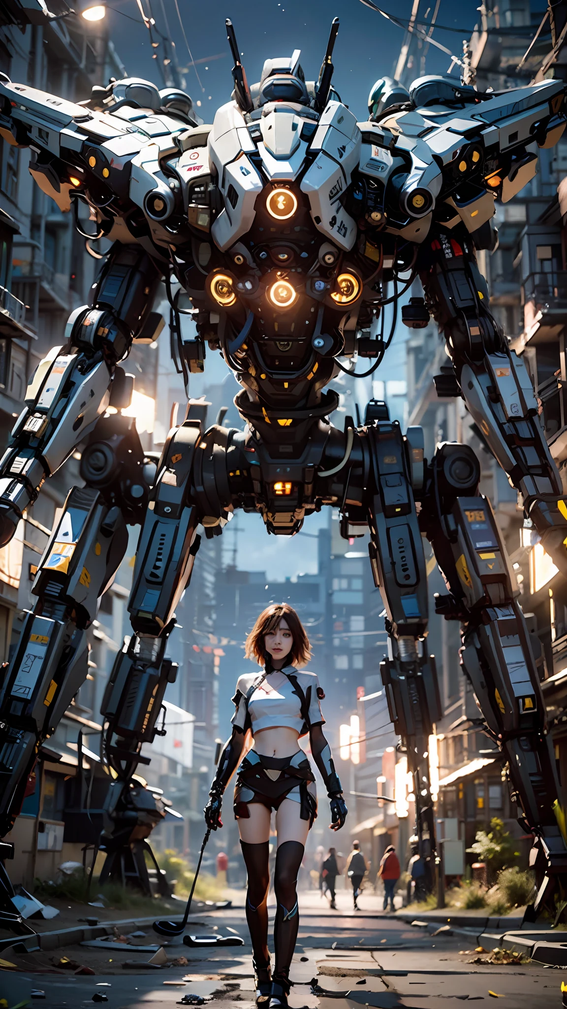 ((masterpiece, best quality)),illustration,ultra detailed 8k,photorealistic,sharp focus,highly detailed,professional lighting,colorful details,iridescent colors BREAK extreme long shot of a factory,large mechanical robot construction,microchip,computer,glowing,intricate details,shitu-mecha,1girl is standing in front of the audience,Navel