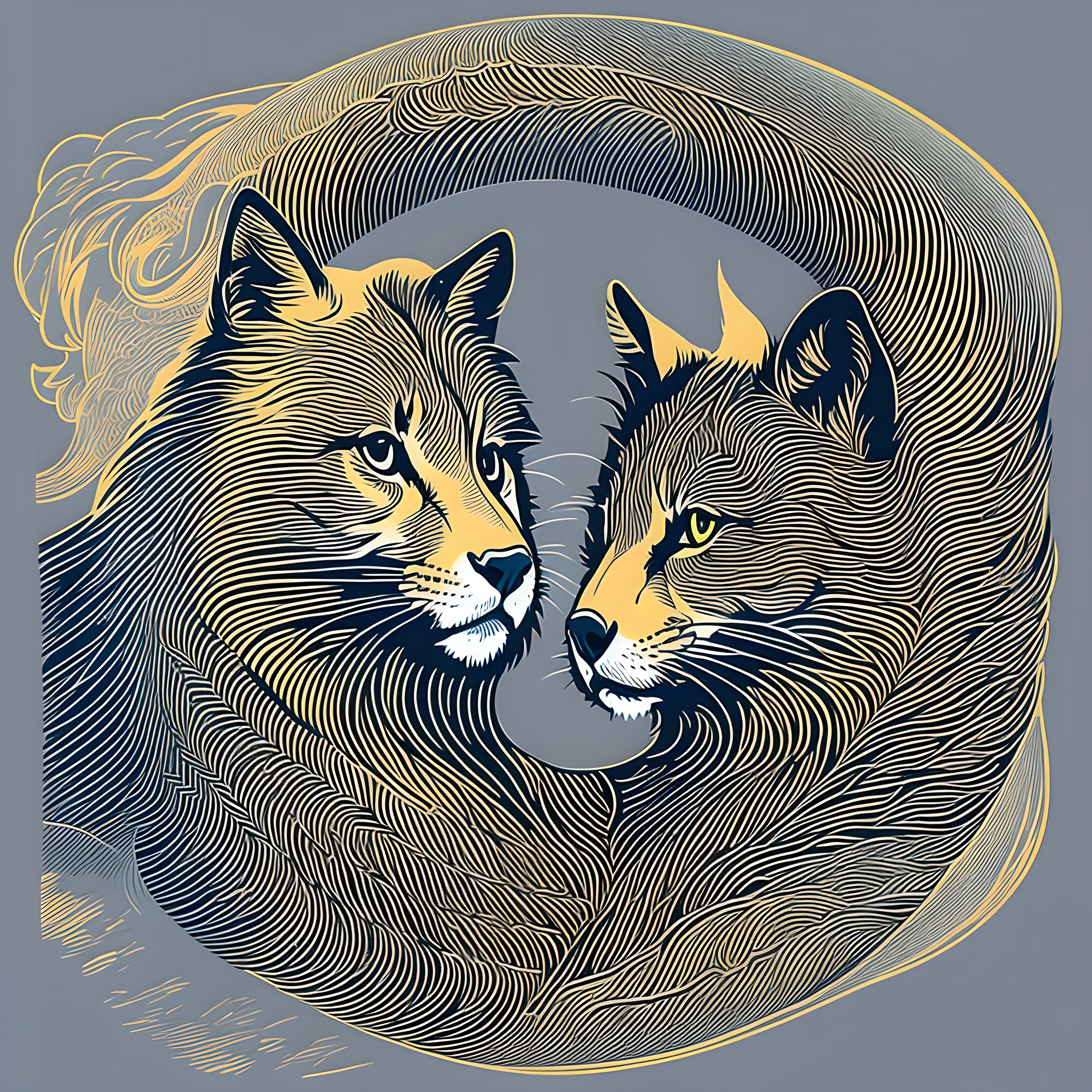 T-shirt logo, round shape,illustration of 2 old wolfes, using only black lines. Delimit the shapes and characteristics of the animal with carefully drawn lines, creating an elegant and stylized look. subtle details, finer and more precise lines. transparent background