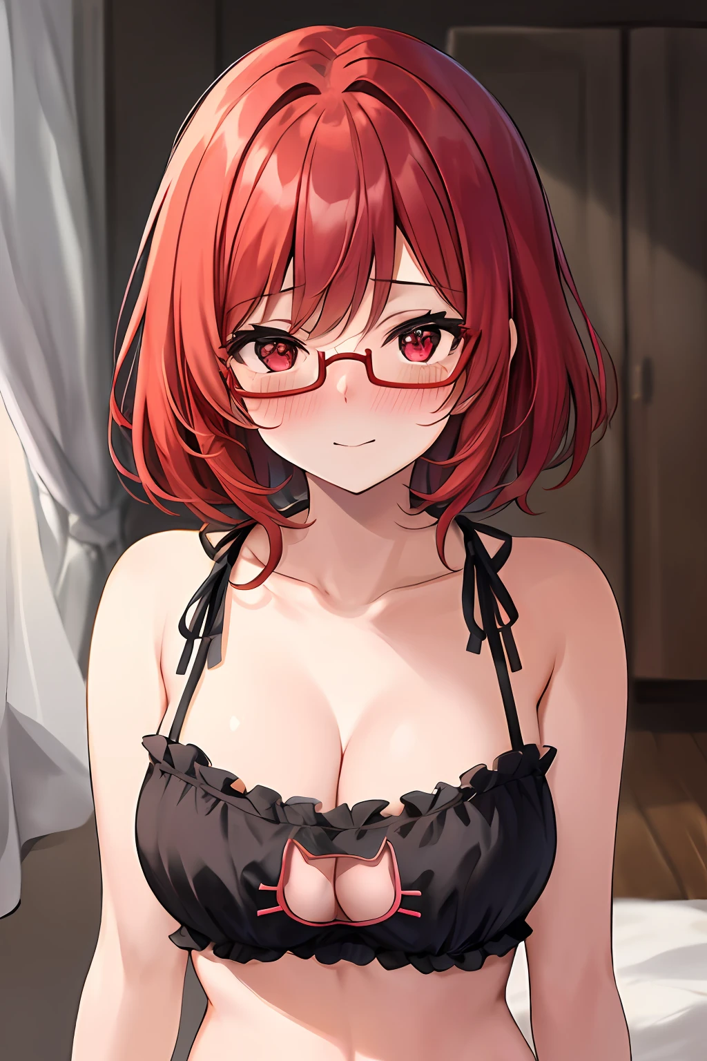 1girl,((red-framed)) (under-rim) glasses, red eyes, [forehead], asymmetrical bangs,red hair, [[short]] hair,12 years old,nose , happy,nose blush

(masterpiece:1.1), (best quality:1.1), (ultra-detailed:1.1), (illustration:1.1), breasts, cat lingerie, cleavage cutout, midriff, lingerie, looking at viewer,