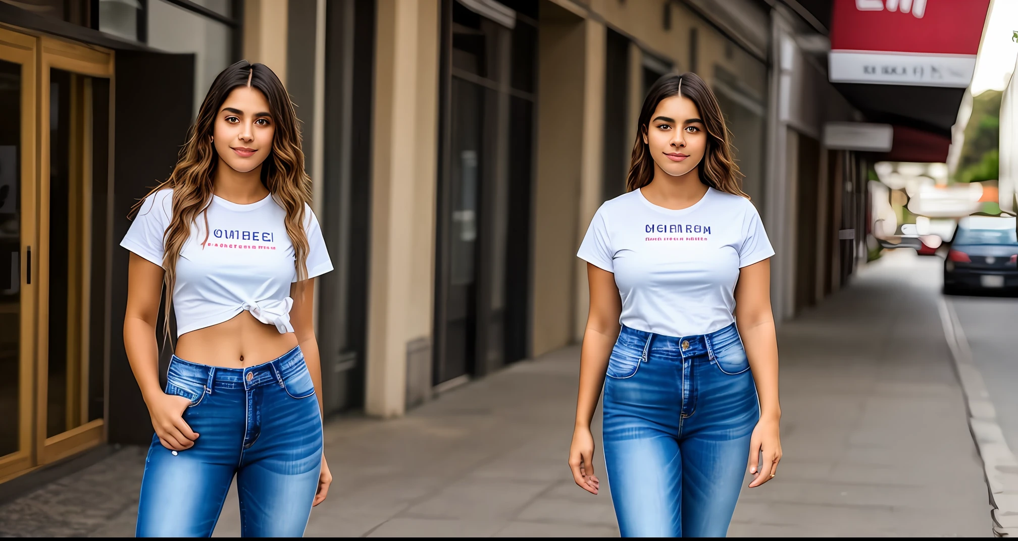 um retrato de uma jovem, 20 anos, com camisa preta, Denim Jeans Pants, corpo inteiro, fundo desfocado, alta resolução, qualidade de cinema. 8k, foto raw, ultra realista.