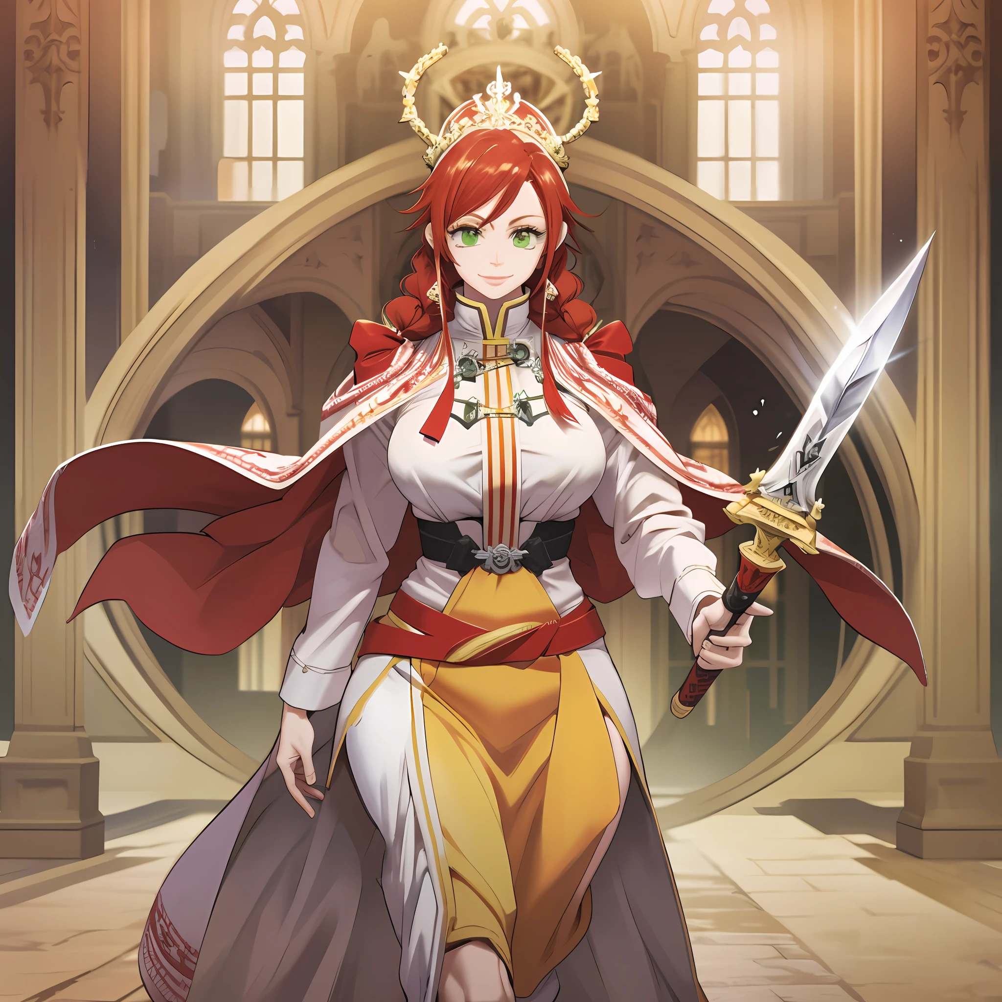 tsubaki yayoioi , blazblue, red hair, green eyes, long hair, tall female, warrior, sword, medieval, twin braids, priestess, holy, holy helmet, medium breasts, yellow cape, stylised helmet, light smile, full body, gold,european cloths, medieval , england, full body, christian, walking, solo focus, holding weapon, long skirt