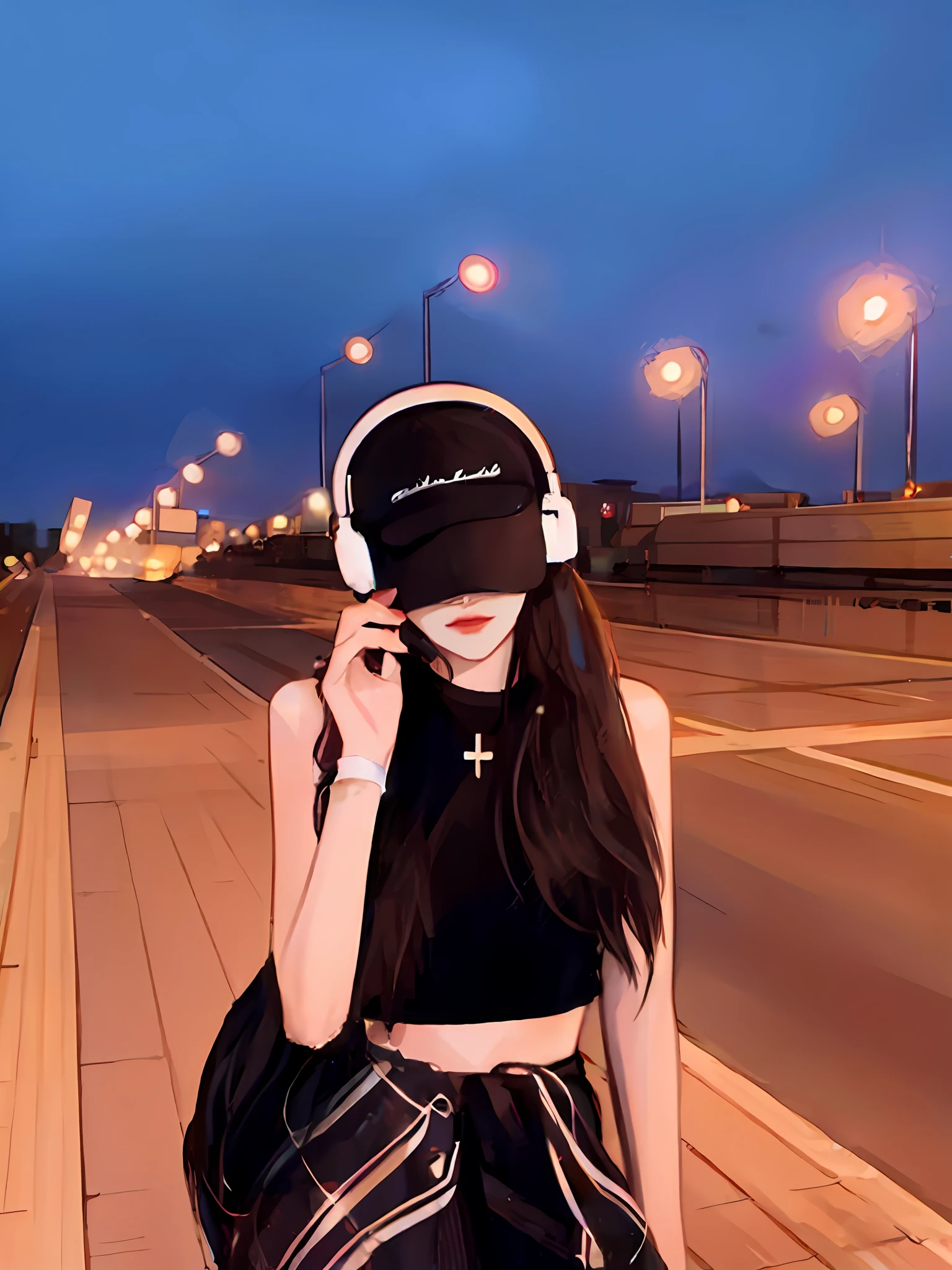 arafed woman wearing headphones and a black top walking down a street, Guviz-style artwork, anime vibes, Anime style. 8K, with headphone, Guviz, Praise Artstyle, High Quality Anime Art Style, music album art, high quality portrait, urban girl fanart, Realistic anime 3 d style, E-Girl
